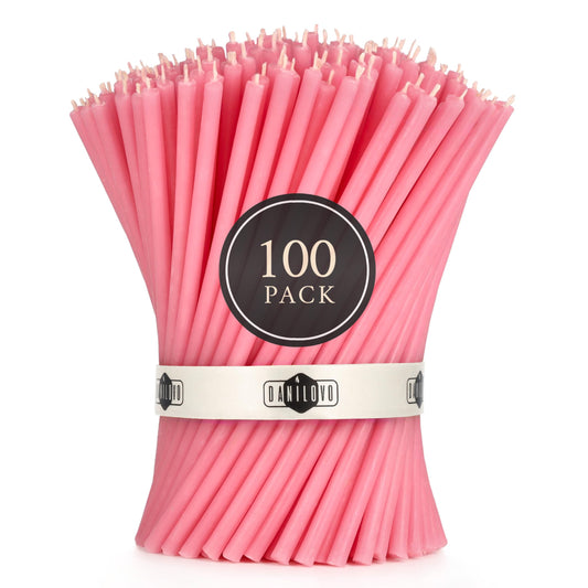 Danilovo Thin Taper Beeswax Candles - No-Drip, Smoke-Less, Tall, Decorative, Honey Scented Candles Ideal for Church Prayer, Rituals, Decor or Birthday – 6.3”x0.2” (Pink, 100pcs)