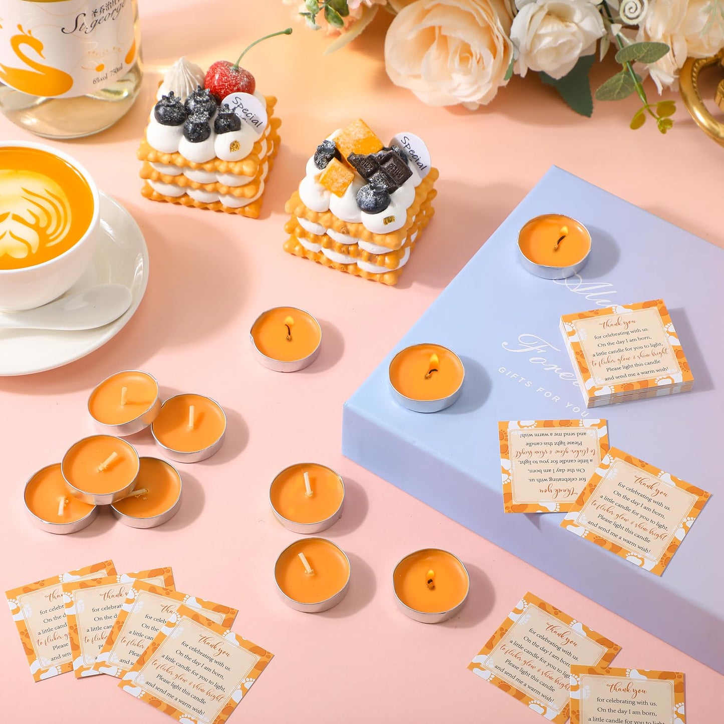 50 Sets Baby Shower Party Favors Including 50 Pcs Unscented Tealight Baby Shower Candles Gift Bags Cards for Gender Reveal Party Supplies(Orange)