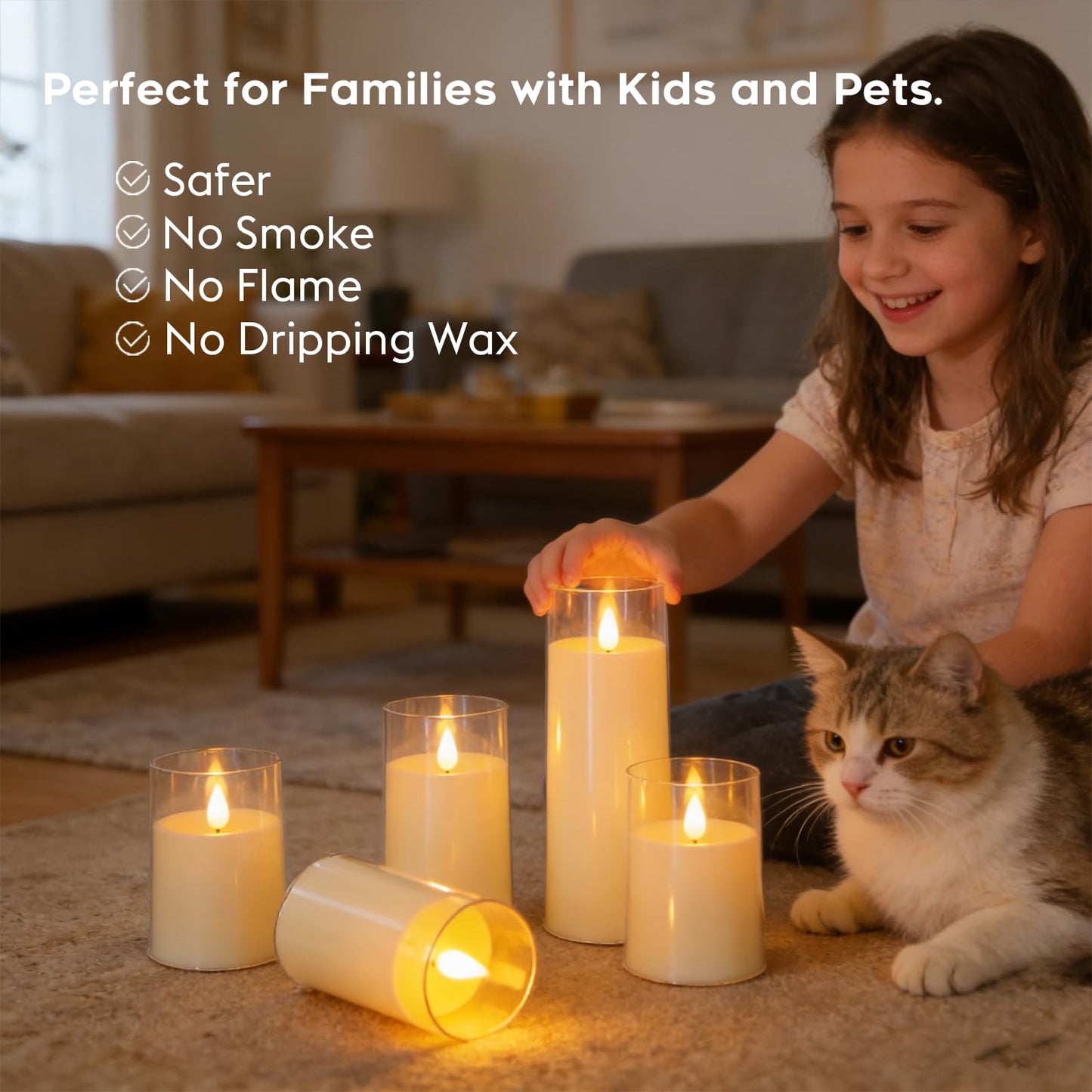 Fo32won Ivory White LED Flameless Pillar Candles Battery Operated with Remote Timer, 5 Pack 3D Flickering Acrylic Candles for Home Living Room Bedroom Fireplace Wedding Party Holiday Decor & Gift