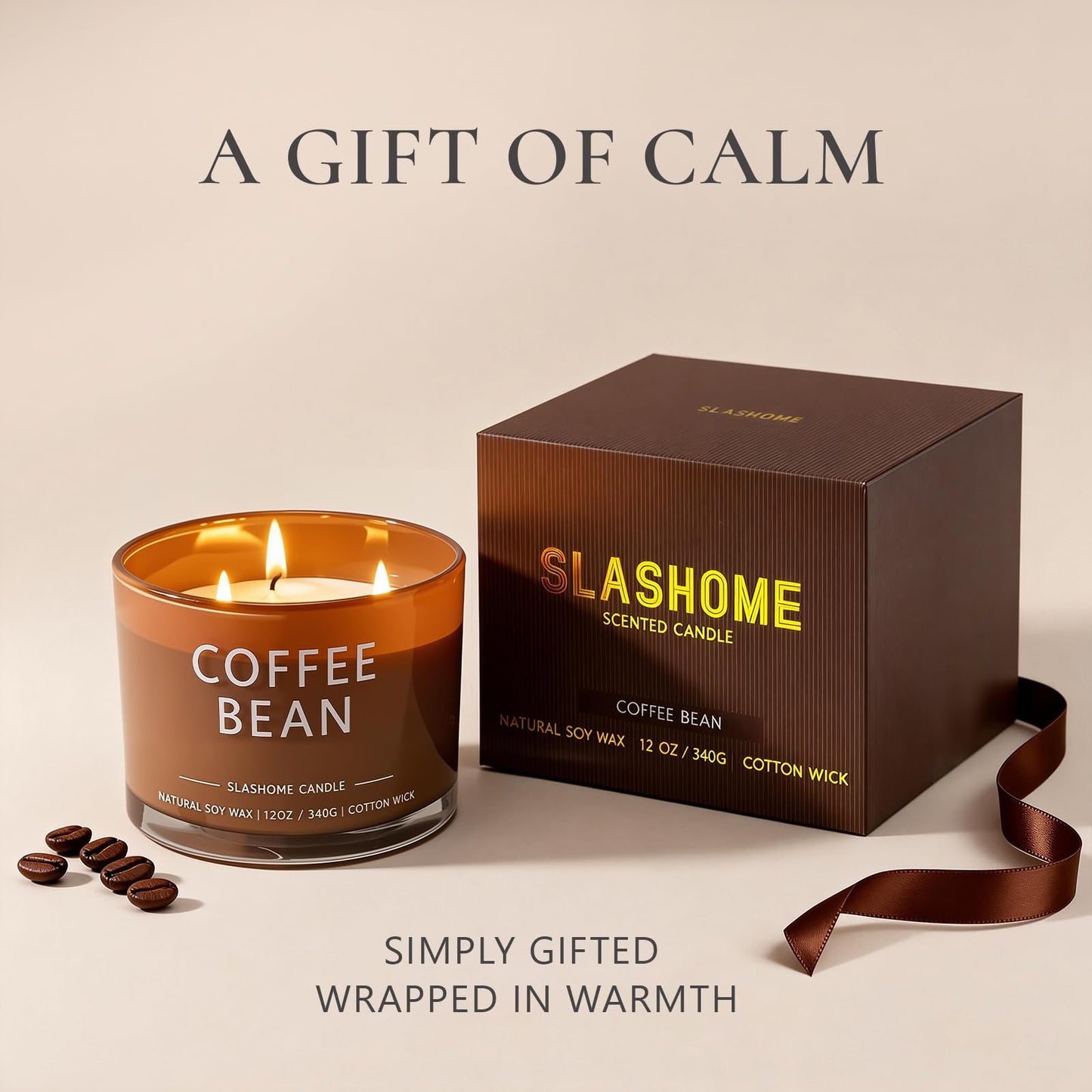 Coffee Bean Scented Candle, Luxury Large 3 Wick Soy Candle 12 Oz, 60+ Hour Long Lasting Clean Burn, Elegant Aromatherapy Home Decor, Housewarming & Birthday Gift for Men & Women
