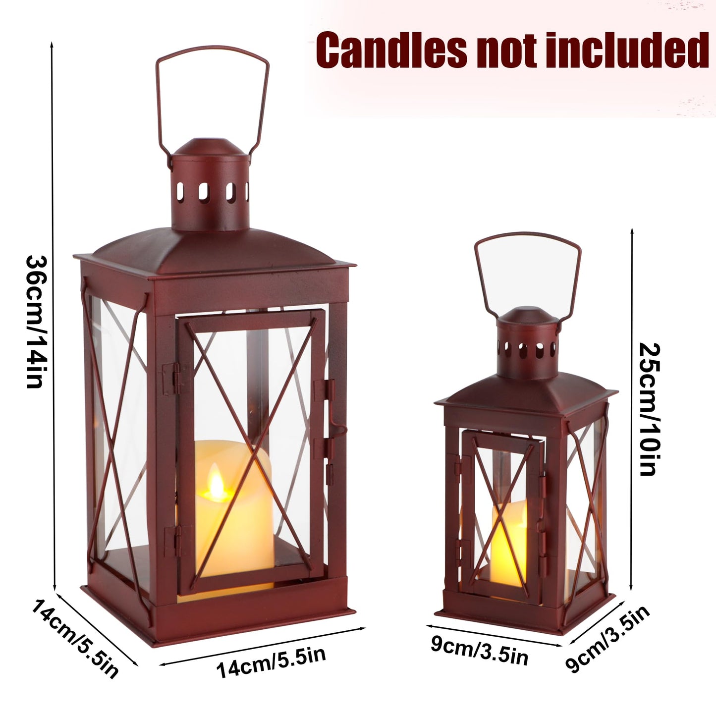 TRIROCKS Set of 2 Decorative Candle Lantern 14/10'' High Metal Candle Holder Hanging Lantern Perfect for Home Decor Patio Living Room Parties Events Tabletop Indoors Outdoors (Red)