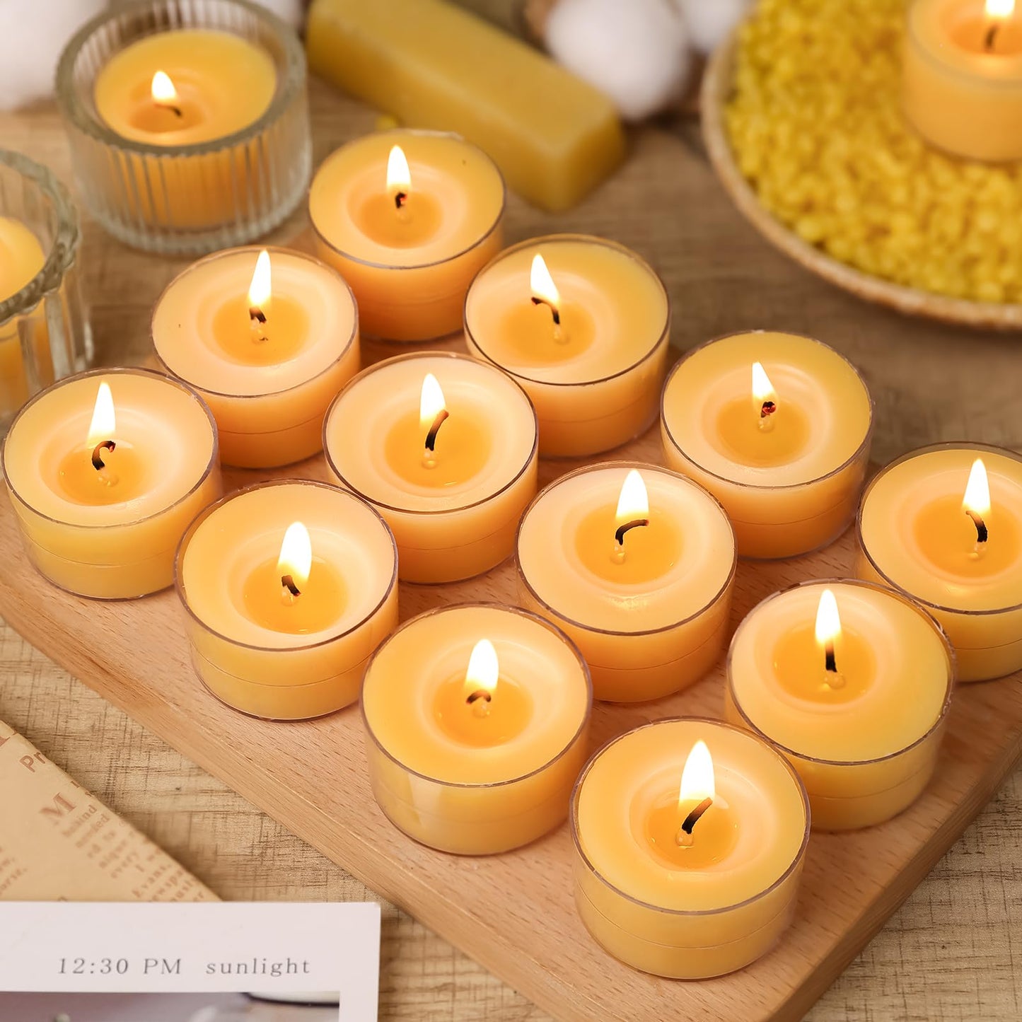 6 Hours Beeswax Tealight Candles Bulk, 40 Packs 100% Pure Beeswax Tea Lights Candle in Clear Cup,Natural Scent Bees Wax Candles Smokeless Clean Burning for Wedding Church Home Decor, Air Purification