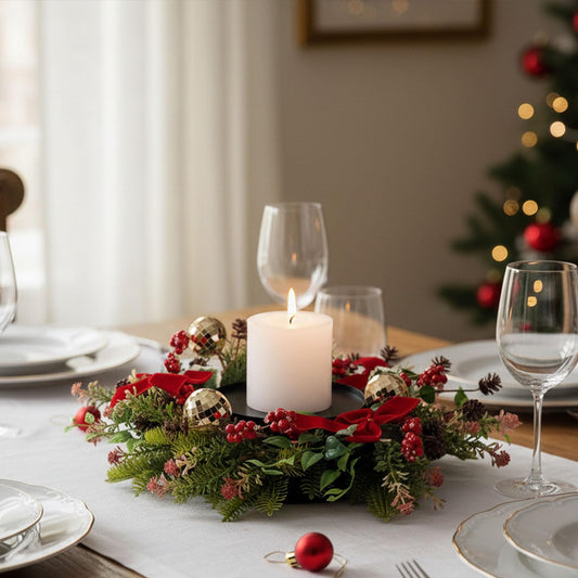 MOYEE Winter Christmas Candle Holder Centerpieces for Tables,Candle Ring, Black Metal Candlestick with an Artificial Wreath 14 in Versatile Dining Table Centrepiece (Red Bow Pinecone Wreath)