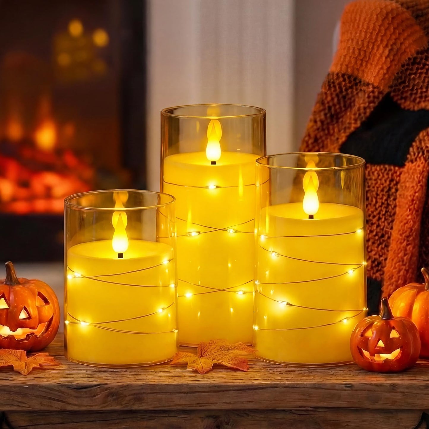 Homemory Flameless Candles with Embedded Star String Fairy Lights, Battery Operated Candles, LED Candle, Fake Candles with Remote Control and Timer, Gold, Set of 3(H 4" 5" 6”)