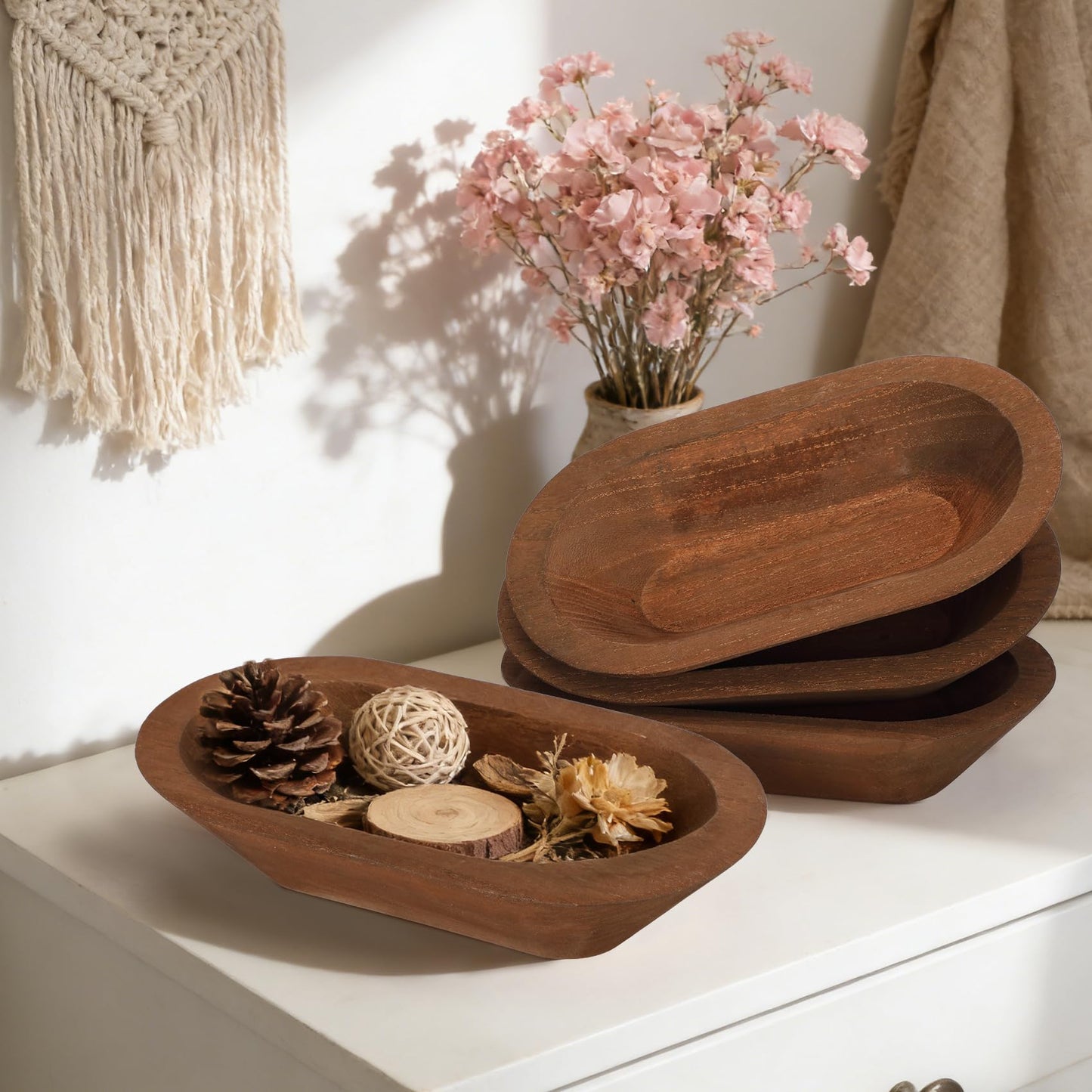 4 Pack Wooden Dough Bowls 8.5-inch Rustic-Style Dough Bowls, Vintage Design, Perfect for Table Centerpieces, Living Rooms, and Candle Making, Brown