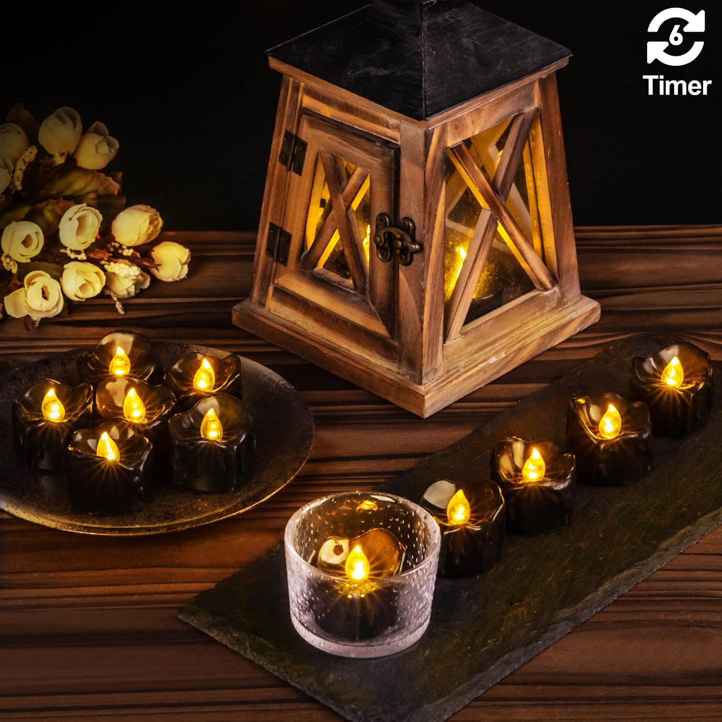 Windshell Black Tealight Candles with Auto 6H Timer (No Remote), Battery Operated LED Flameless Tea Lights with Melting Design, for Halloween Wedding Party, 12 Pack