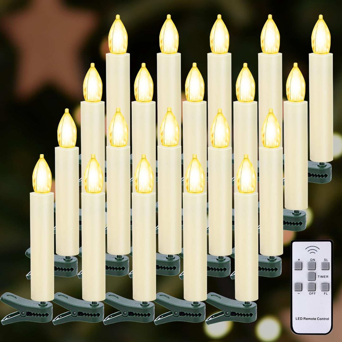 Kuandawei LED Christmas Candles, Flickering Clip on Candles for Christmas Tree, Battery Operated with Remote Timer, Warm White Light, Flameless Taper Candle for Home Christmas Decor, Set of 20