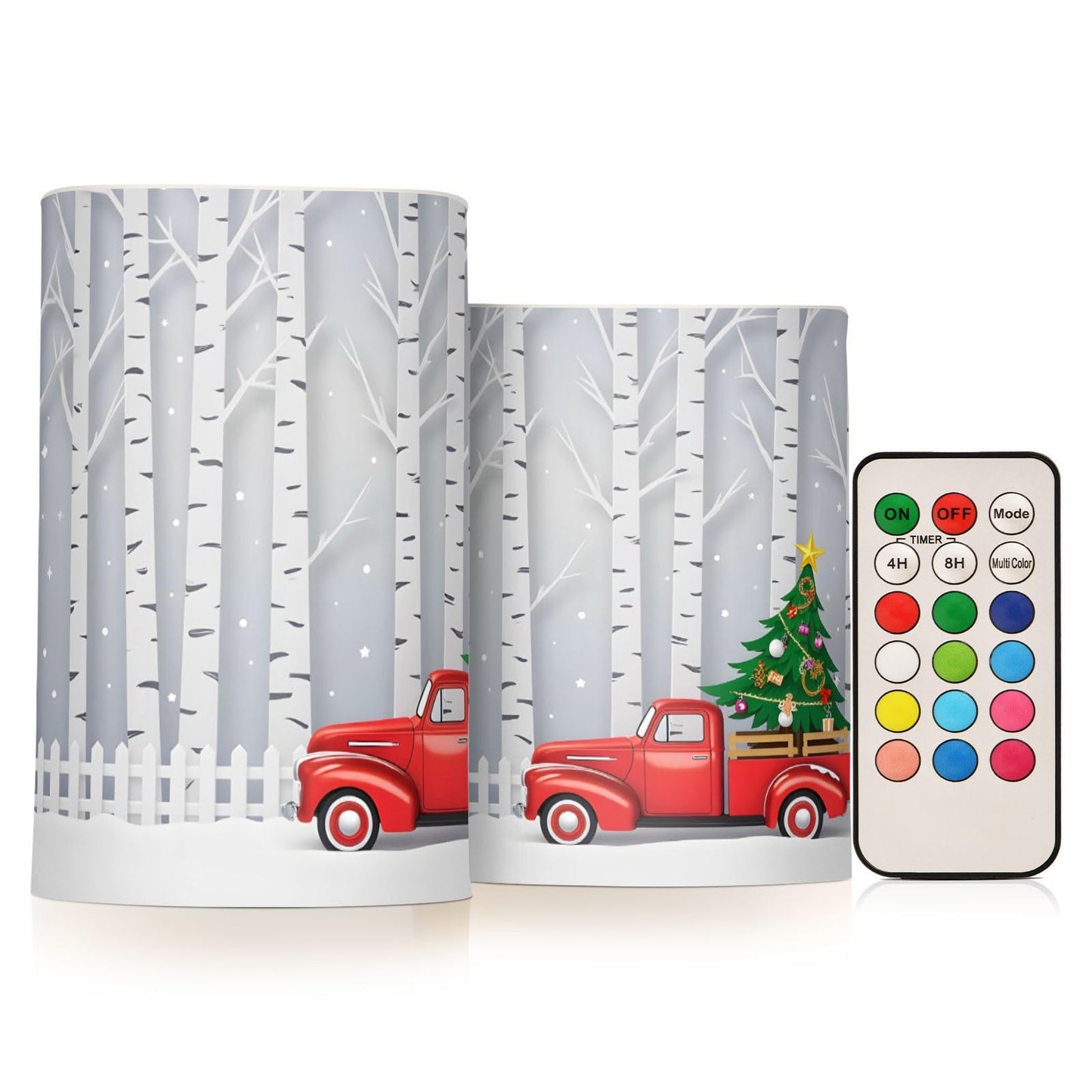 Winter Season with Red Truck Carry Christmas Tree Flickering Flameless Candles Battery Operated with Remote Timer,Tea Light Candles LED Pillar Votive Candles set of 2 for Outdoor Indoor Decorations