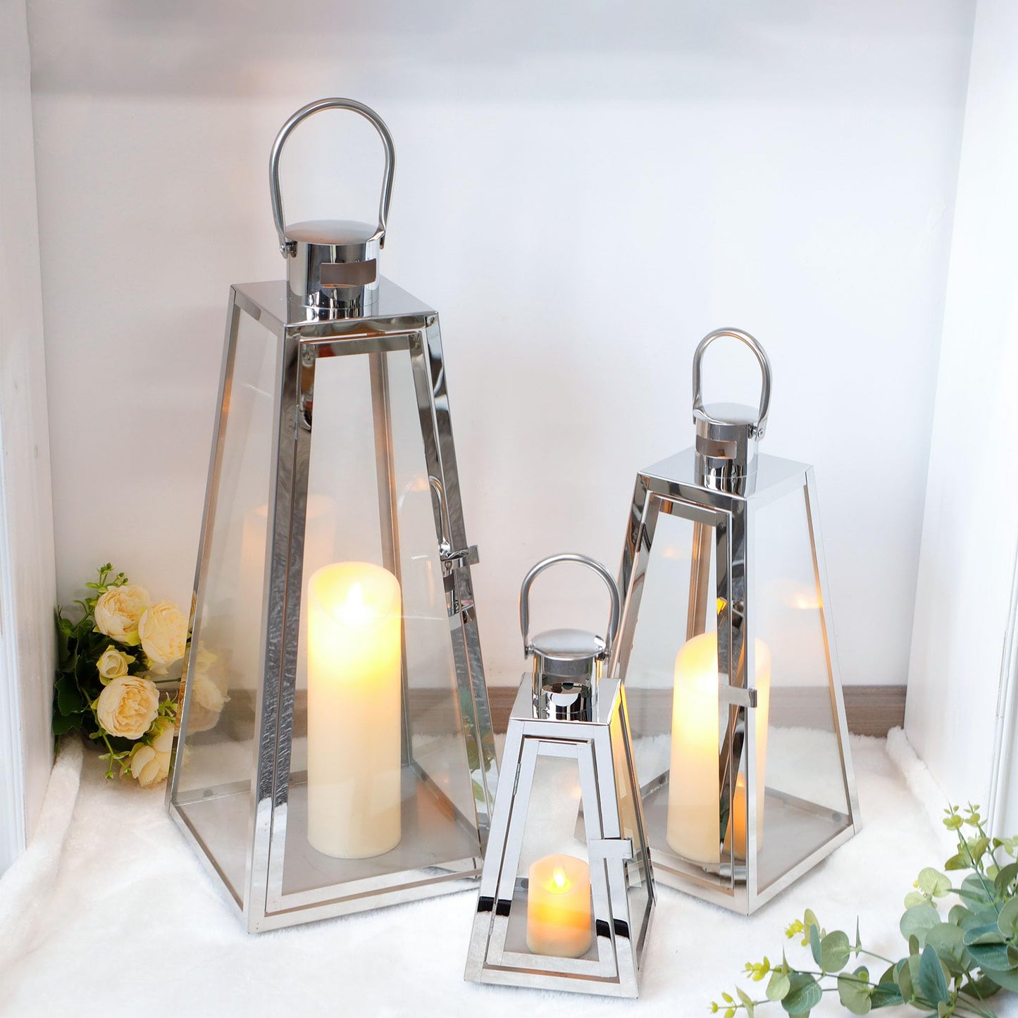 TRIROCKS Set of 3 Stainless Steel Candle Lantern 21''&16''&11'' High Metal Candle Holder with Tempered Glass Panels for Christmas Home Decor Living Room Parties Events Indoors Outdoors (Silver