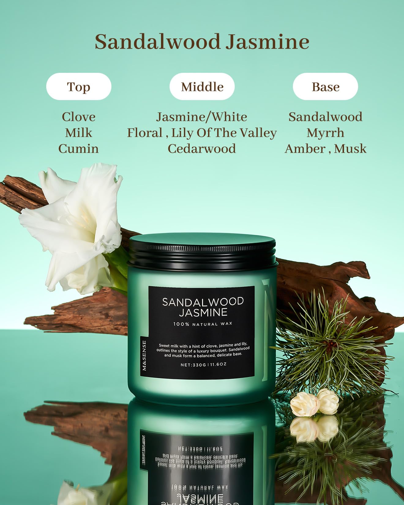 M&SENSE Sandalwood Jasmine Home Scented Candles, 11.6oz Organic Natural Soy Wax, 70 Hours Long Lasting Slow Burning, Non Toxic Clean Burn, Spring Floral Smelling for Meditation Relaxation