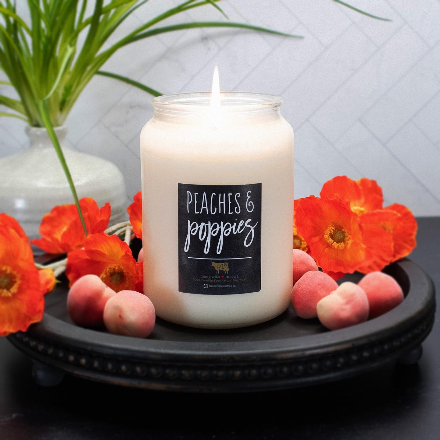 Milkhouse Candle Company Peaches & Poppies Soy Candle - Ripe Peaches | Wild Poppies | Vanilla Bean Scented - 26 oz Farmhouse Jar with Lid, 150+ Hour Burn Time, Made in the USA