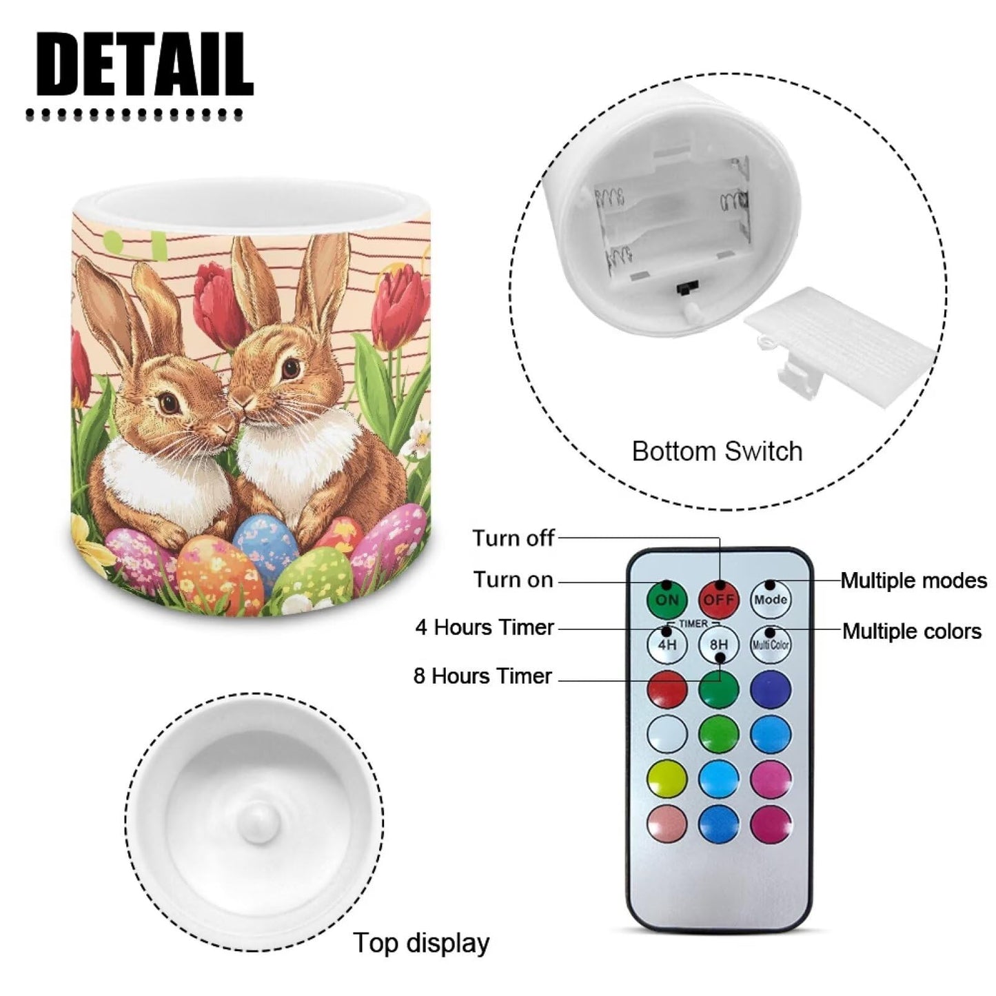 Merkmak 4 Pack Floral Bunny Egg LED Candles Flickering Flameless Candles with Remote and Timers Battery Operated Tea Lights with Remote Pillar Battery Tea Lights for Easter Day Party