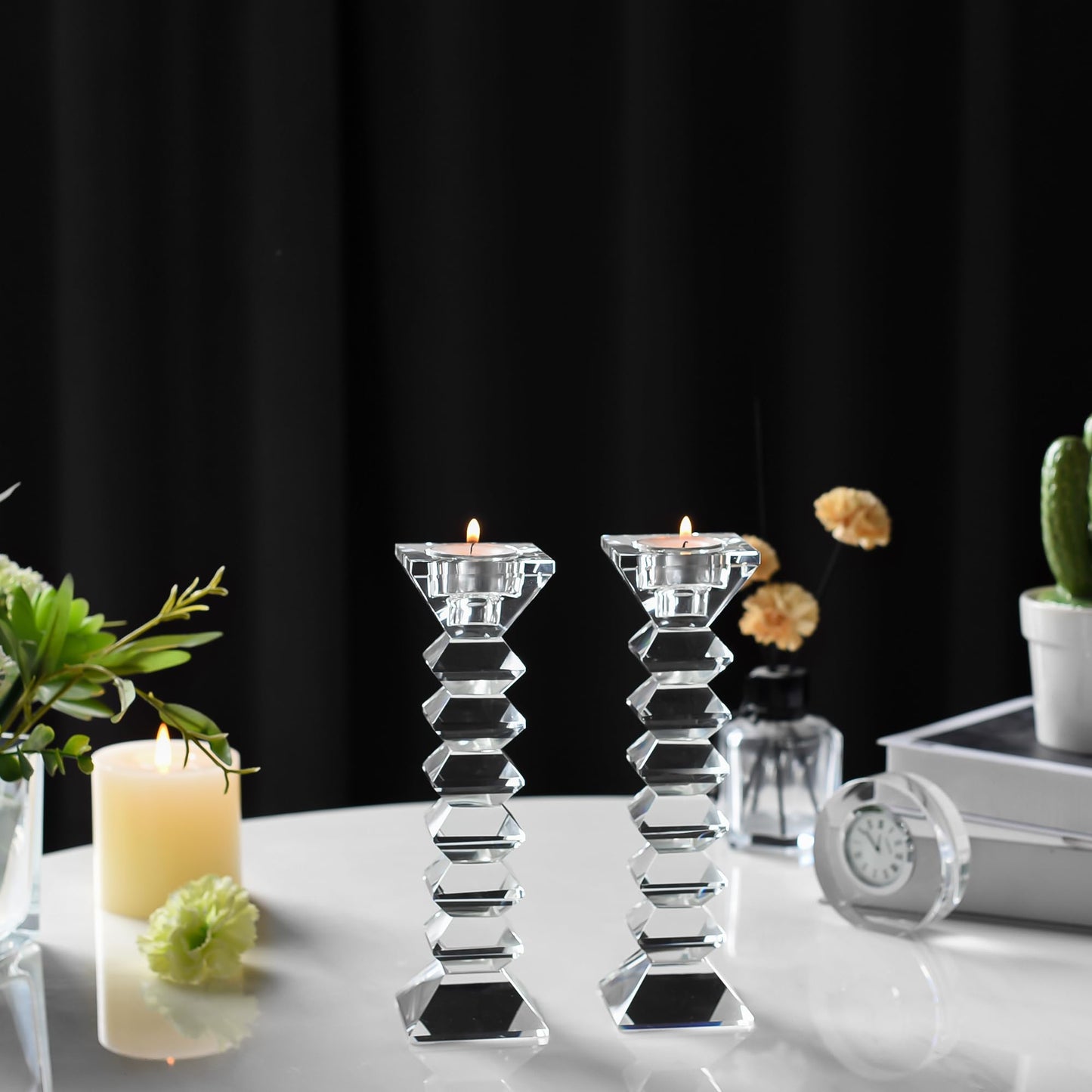 DONOUCLS Crystal Candlestick Holders 2 Pack, Clear Crystal Taper or Tealight Candles Holder, Table Centerpieces for Party Wedding Decoration(8.3in Tall)