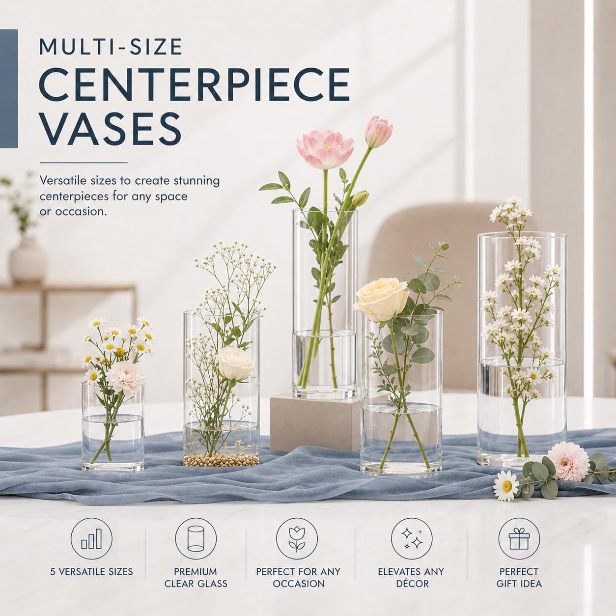 5pcs Glass Vase Cylinder Vases for Centerpieces Small Flower Glass Vases Home Decor Centerpiece Table Clear Flower Vase Decorations for Wedding＆Holiday 4,6,7.5,8,10 Inch Tall