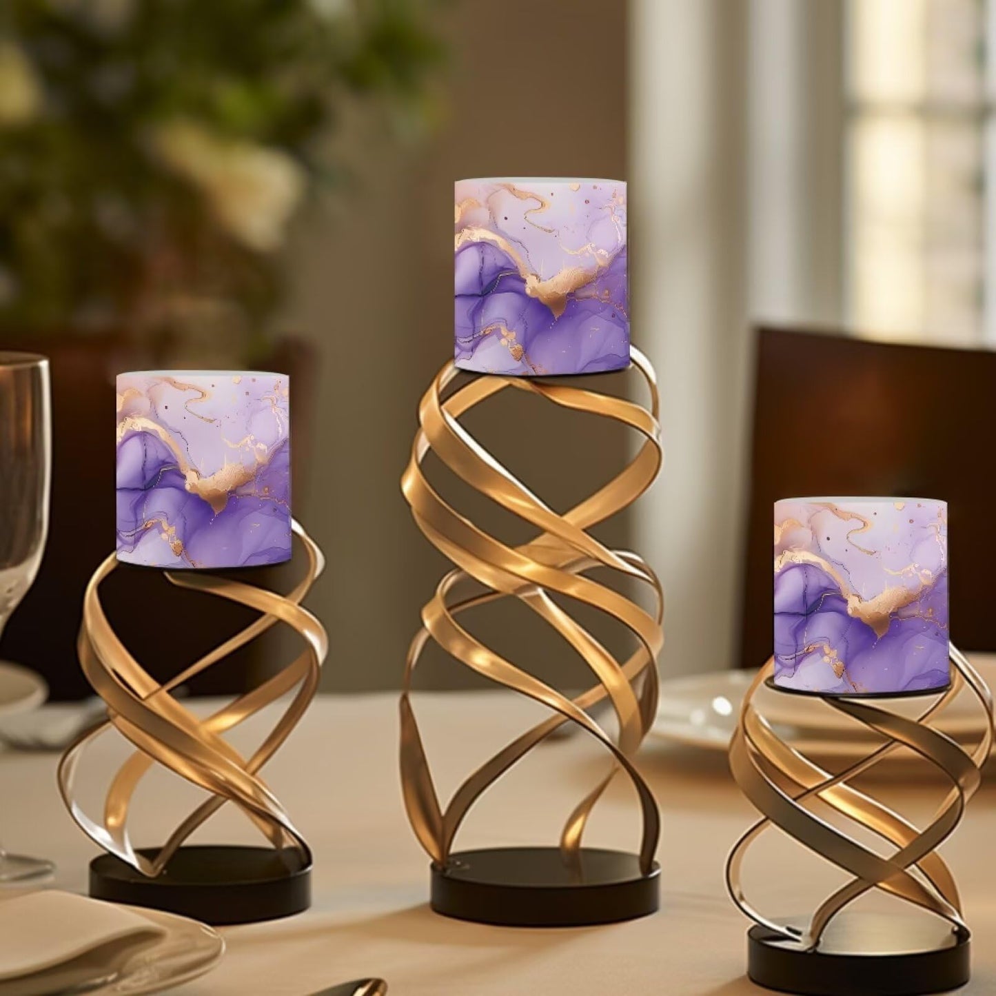 Merkmak 4 Pack Flameless Candles with 18-Key Remote Purple Marble Battery Operated Candles with Timer Flameless Pillar Tea Lights for Party Banquet Home Decorations