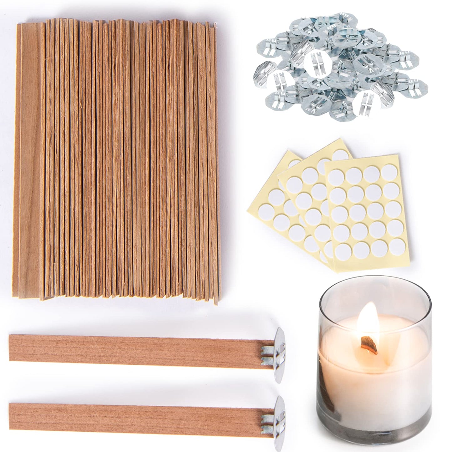 Ziosxin 50 Set Candle Wick, Thicken Smokeless Cherry Wood Wicks for Candles-Long Lasting Flame-Easily Burn, Candle Cores with Stand and Glue Dot, Candle Wicks for Candle Making