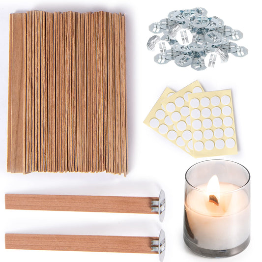 Ziosxin 50 Set Candle Wick, Thicken Smokeless Cherry Wood Wicks for Candles-Long Lasting Flame-Easily Burn, Candle Cores with Stand and Glue Dot, Candle Wicks for Candle Making