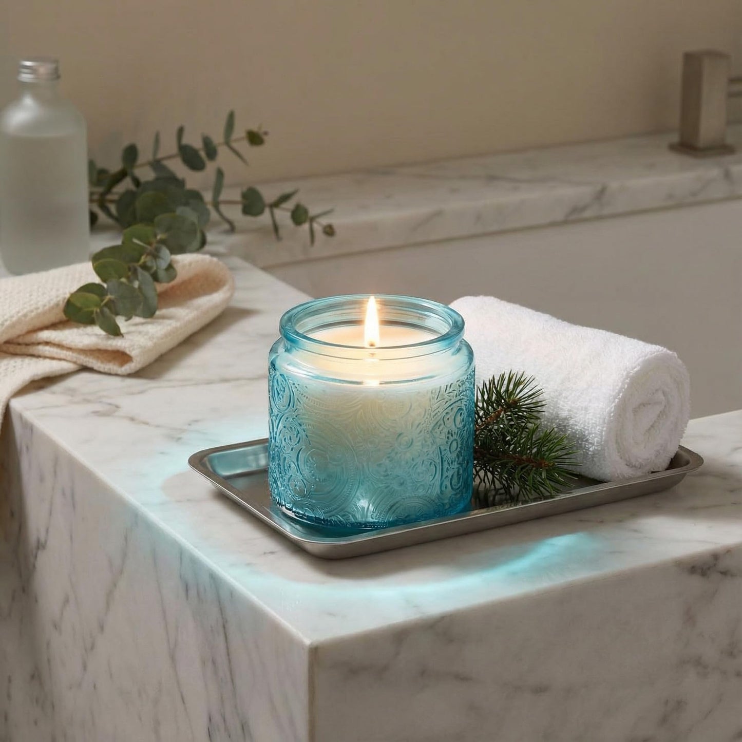10 oz Embossed Glass Candle Container with Bamboo Lids and Labels, Clear Candle Jars for Making Candles, Sun Moon Stars Design - Pack of 9 (Blue)