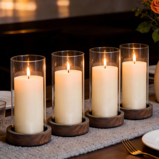 Ronasip Set of 4 Hurricane Candle Holders - 4.6x7.8 Inch Rustic Wooden Base with Glass Cylinder, Brown Pillar Candle Holders for Wedding Centerpieces, Home Decor, Table & Mantel Decorations