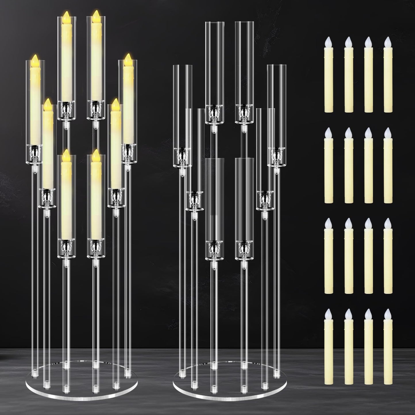 2 Sets 8 Arms Acrylic Candelabra Centerpieces for Tables Decortion,Clear Candle Holder for Wedding Dinner Fireplace Decoration and Home Decor,Candlesticks Holder with 16 LED Candle