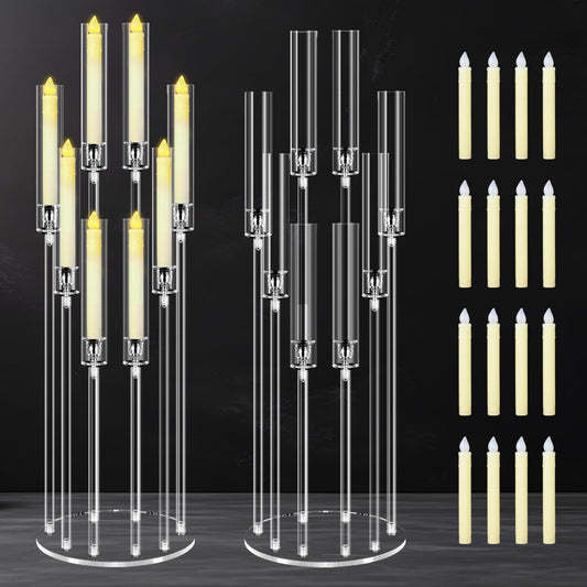 2 Sets 8 Arms Acrylic Candelabra Centerpieces for Tables Decortion,Clear Candle Holder for Wedding Dinner Fireplace Decoration and Home Decor,Candlesticks Holder with 16 LED Candle