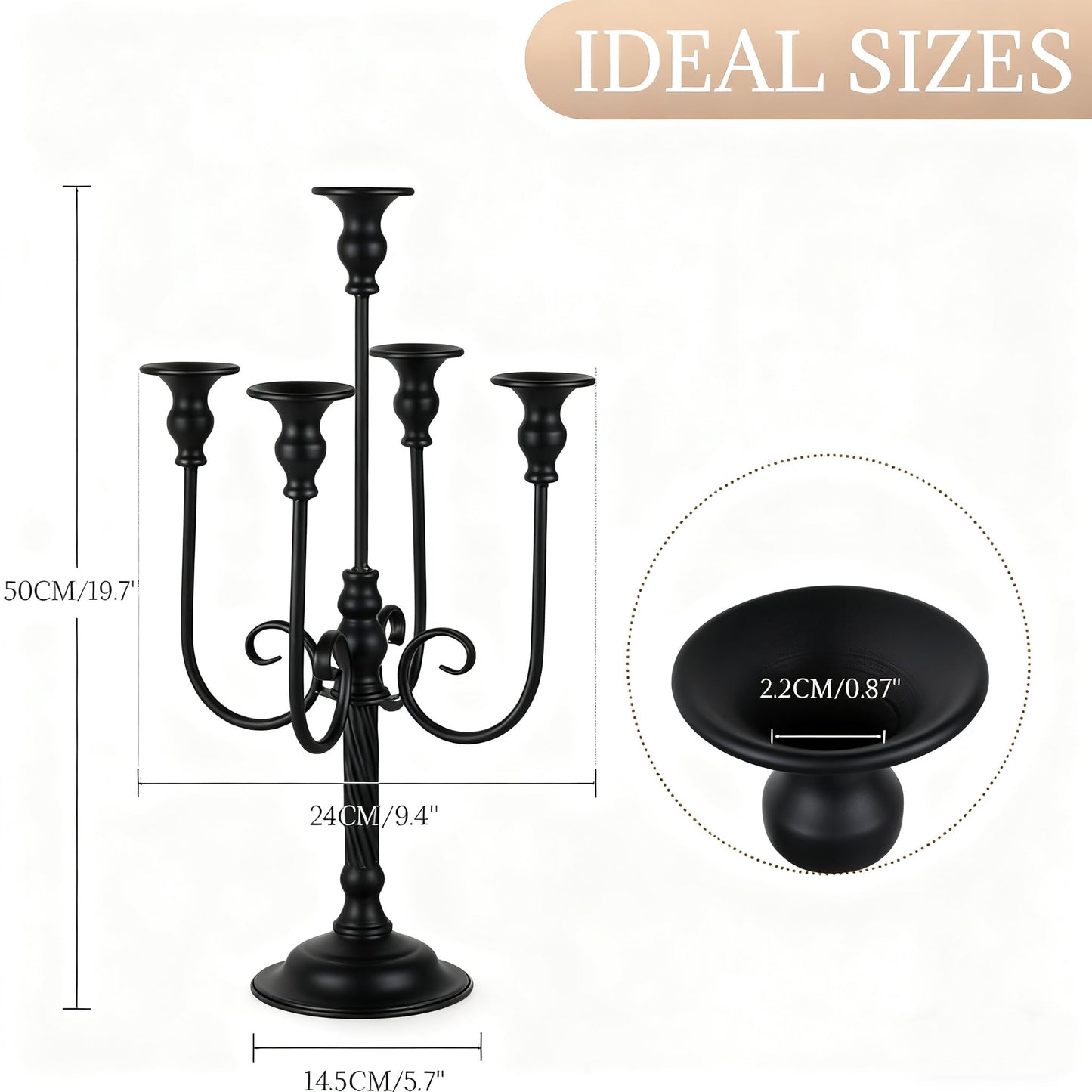 LANLONG Candelabra Centerpieces for Tables, 2Pcs Metal Tall Candle Holder for Taper Candles, 5 Arm Candlestick Holder for Wedding Centerpiece Decor Party Event Reception Decoration，Black,19.7in-2pcs