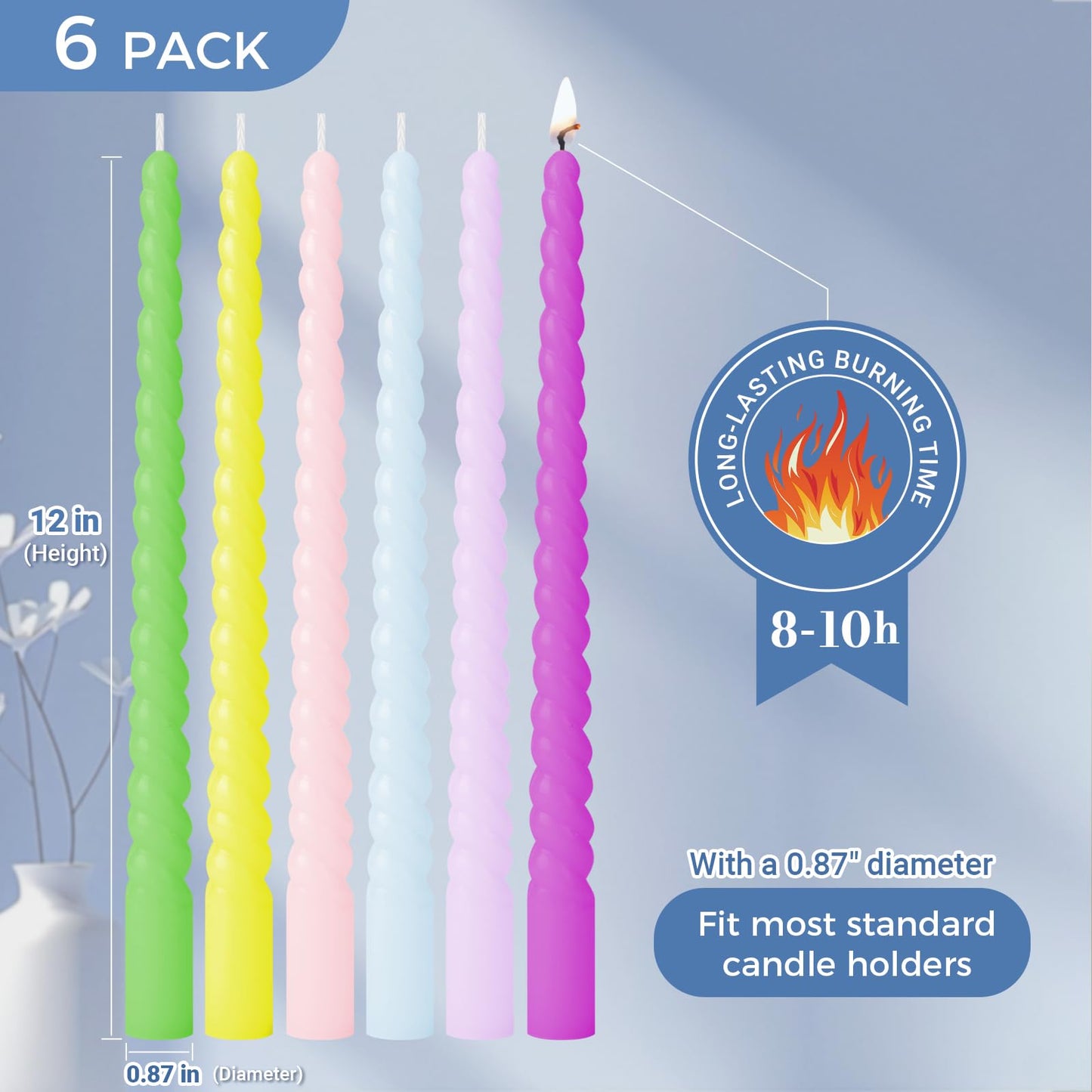 6pcs Colorful Spiral Candles, 12 Inch 6 Colors Dripless Twisted Candlesticks, Long Unscented Candle Sticks, 8-10 Buring Time for Wedding Displays Home Dining Table Supplies