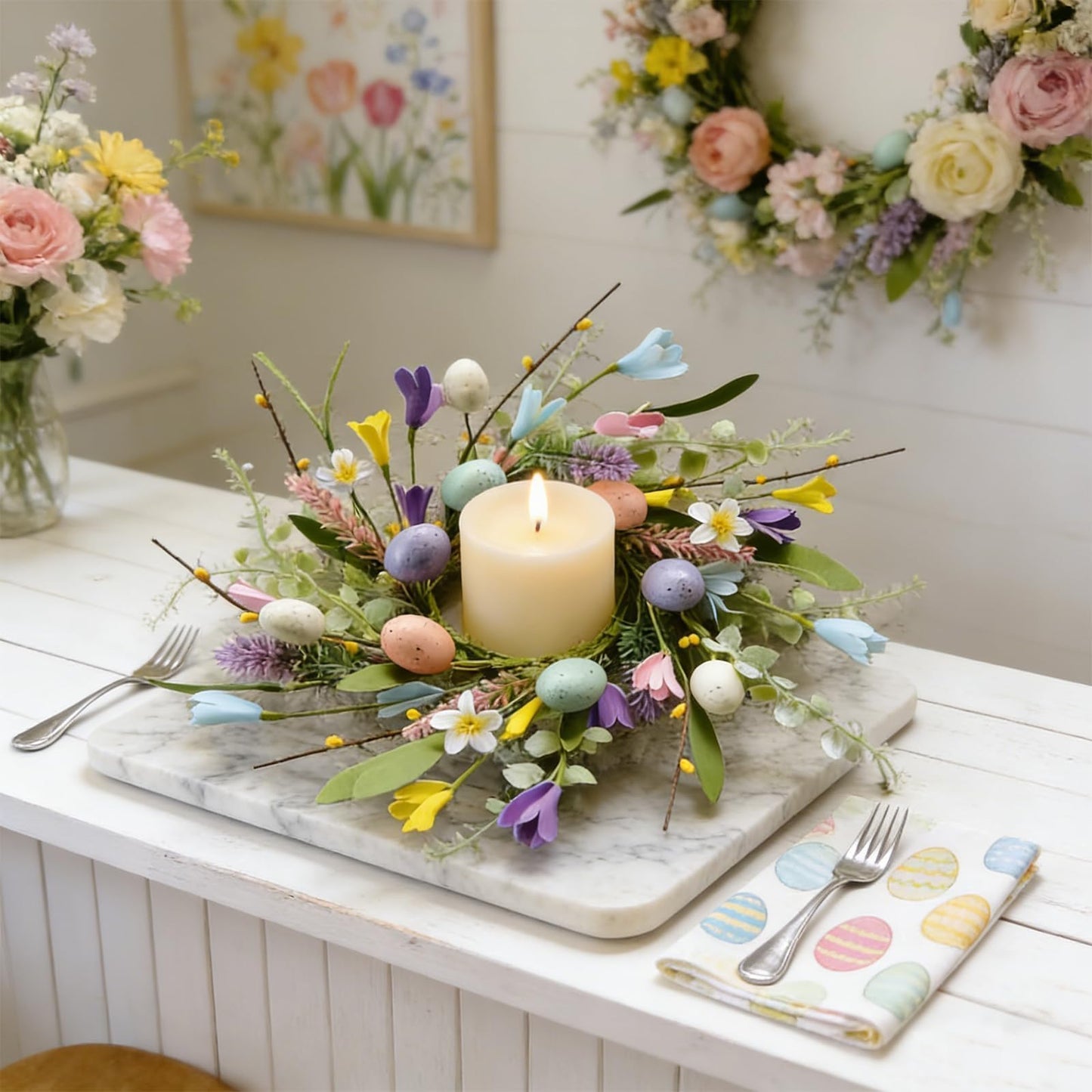 6 Pcs Easter Small Candle Rings Wreaths Mini Pillar Candle Holder Wreath with Eggs and Flowers Artificial Spring Yellow Berries Wreath for Home Kitchen Front Door Window Porch Wall Table Cnterpieces