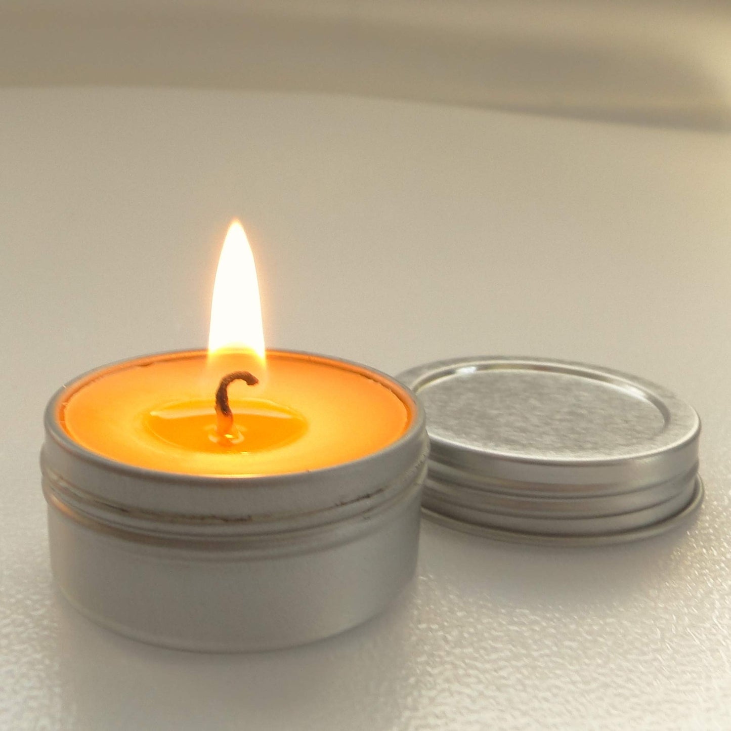 Set of 8 Pure Beeswax Tea Light in Flat Tin Container with Screwtop Cover, Jar Candles, for Camp, Outdoor, Sports Events, Fishing