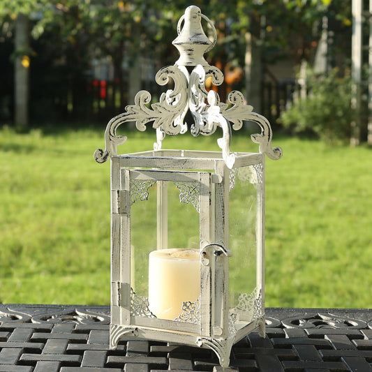 NEEDOMO Lanterns Decorative Indoor, 16" White Hanging Lantern Decor Outdoor, Vintage Metal Large Candle Lantern for Patio, Front Porch, Table, Home Decor, Candle Holder with Clear Glass