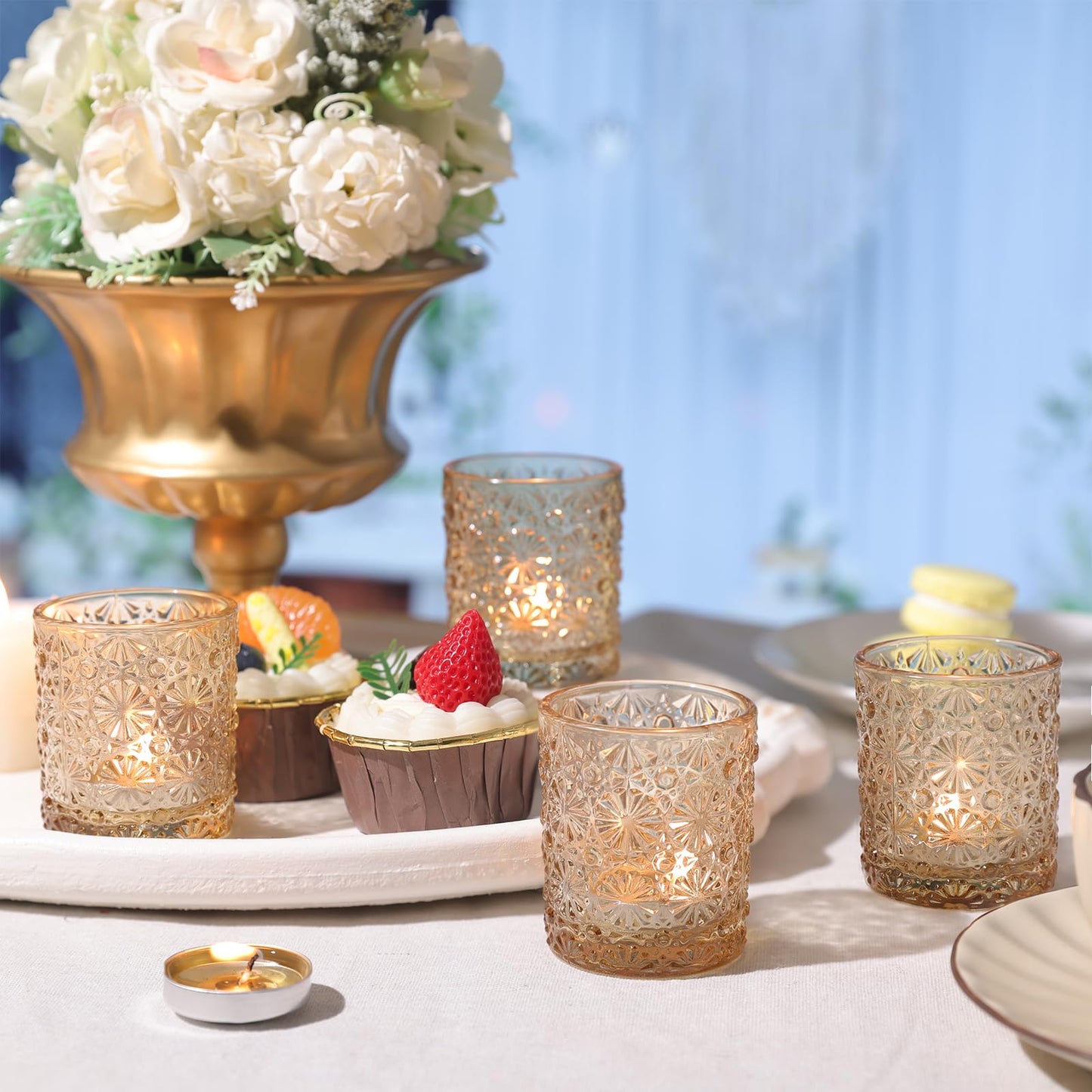 Lanttu 12 Pack Gold Votive Candle Holders, Flower Tea Lights Candles Holders for Wedding Table Centerpieces, Birthday Parties, Anniversary, Bridal Shower and Holiday Decorations