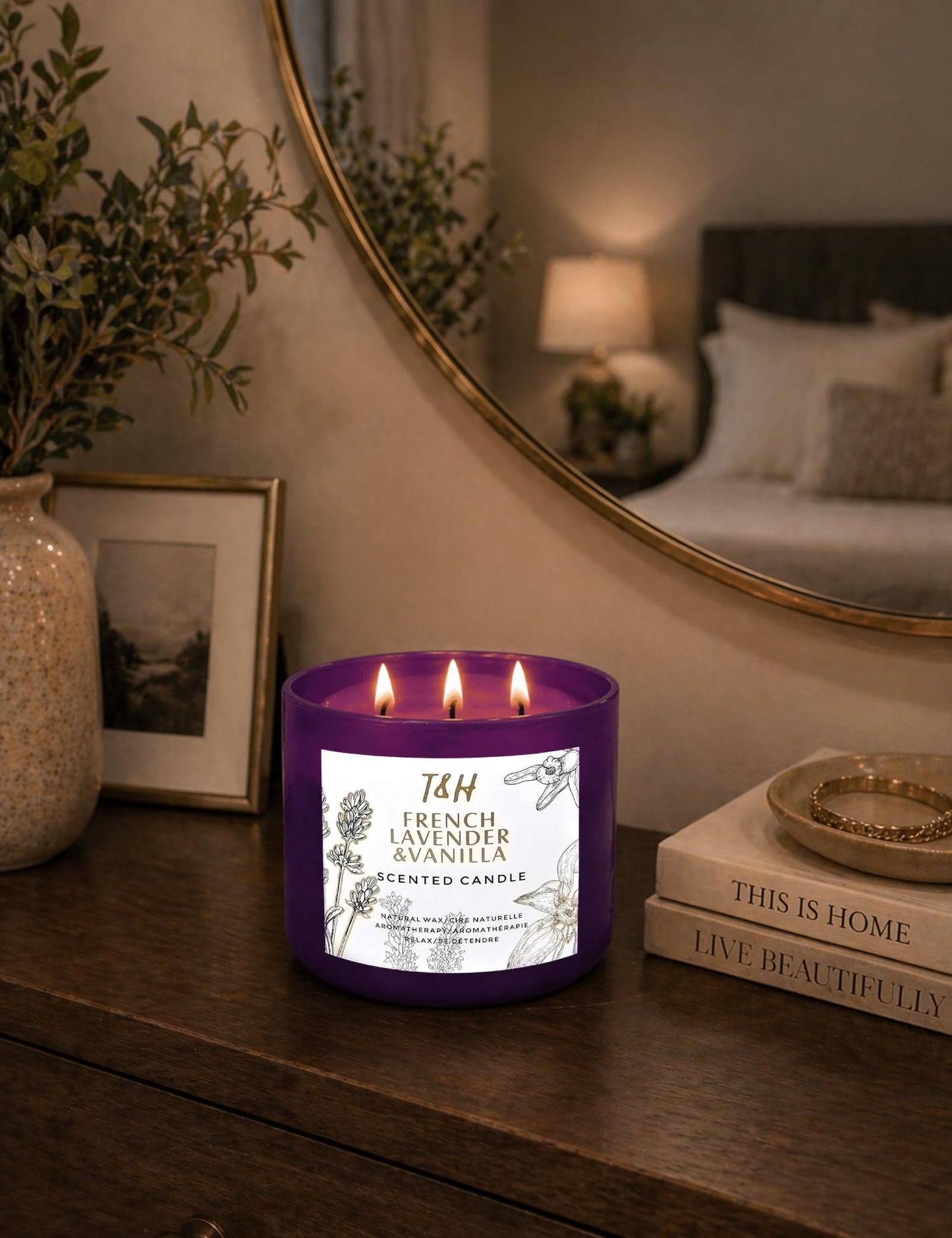 French Lavender Vanilla 3-Wick Scented Candle | 15.8 oz Large Soy Aromatherapy Candle for Home | Clean Burn Long Lasting | Relaxing Floral Vanilla Scent | Cozy Gifts for Women & Men