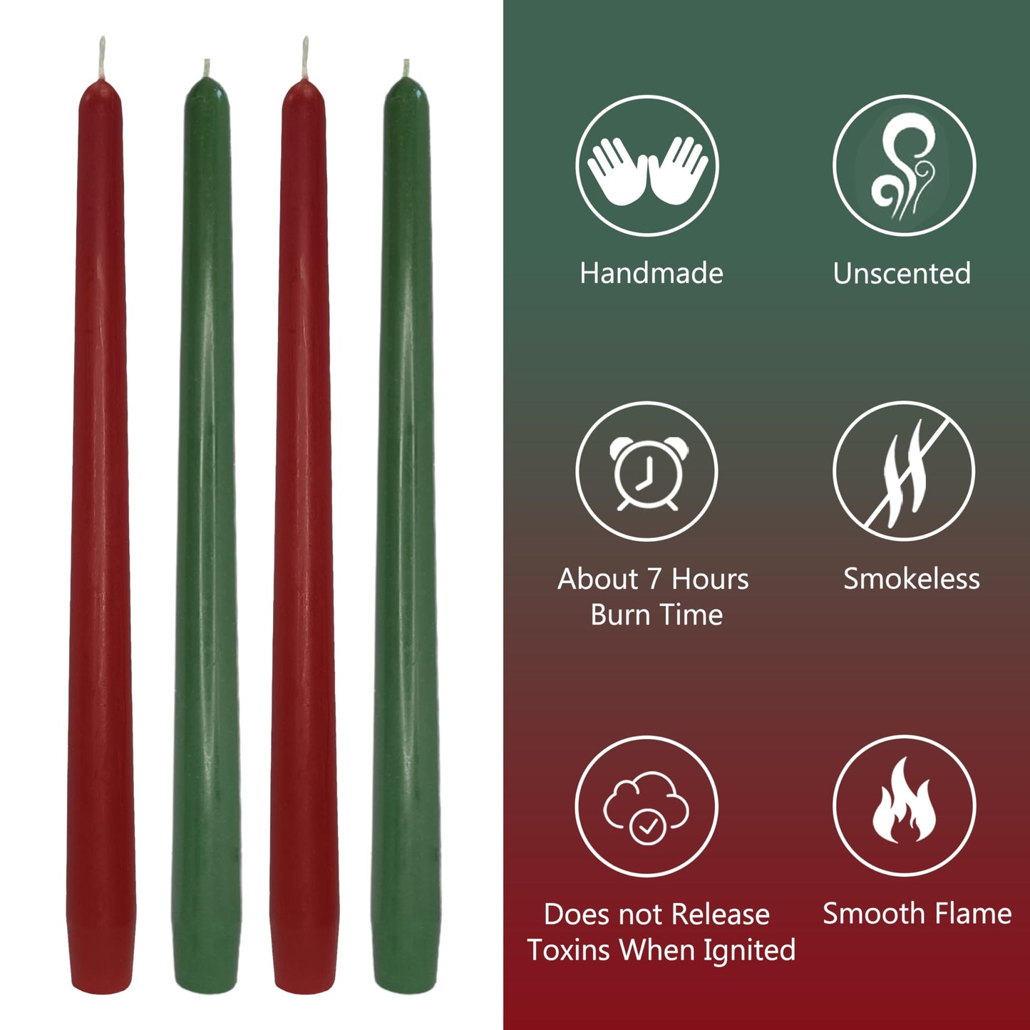 10 Inch Red and Green Taper Candles Set of 4, Handmade Unscented Dinner Candles for Candlestick Holders, Christmas Holiday Wedding Table Centerpiece Decor