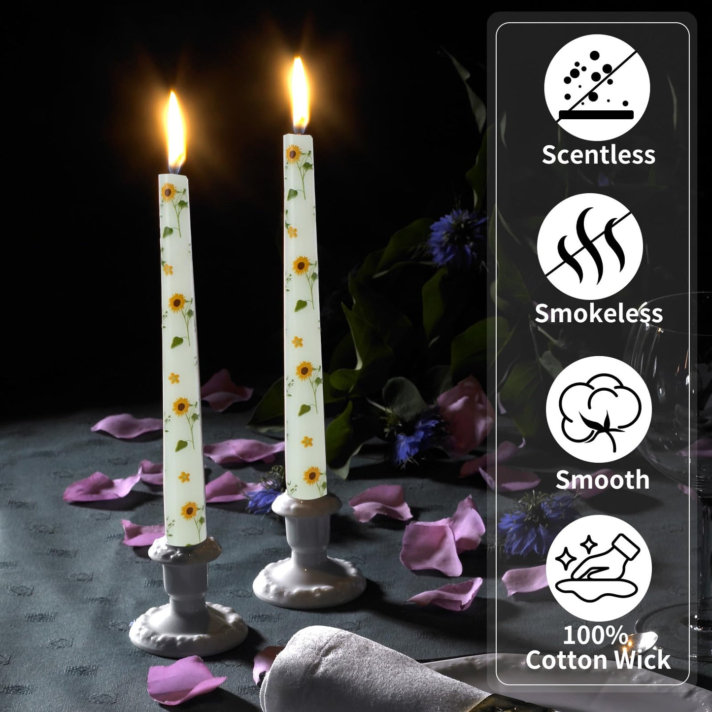 Taper Candles,10 inch 2pc Green Tapered Candles with Sunflower Printed, Unscented and Smokeless Long Burning Candles,Tall Candlesticks with Cotton Wicks,Ideal for Weddings, Home Décor