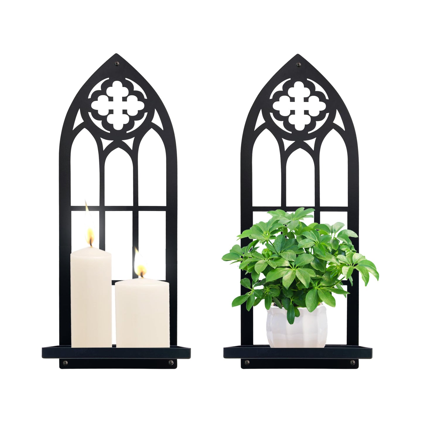 Gothic Wall Sconces Set of Two Candle Holder, Black Metal Gothic Wall Decor, Arched Church Wall Sconces, Rustic Farmhouse Home Wall Art Decor for Living Room, Bathroom, Bedroom, Dining Room(Church)