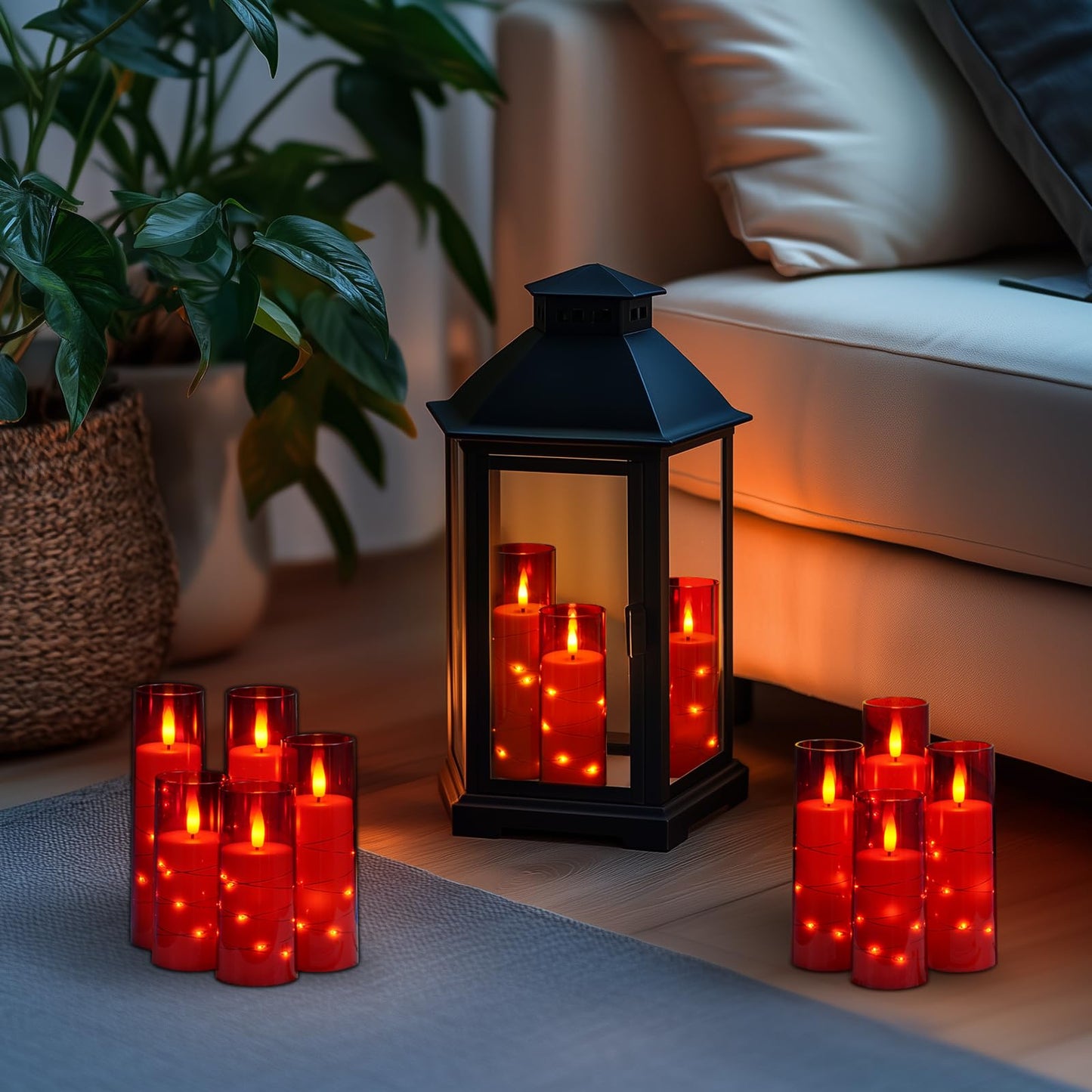 Homemory 12Pcs Flameless Candles with Star String Fairy Lights, Flickering Battery Operated Candles, LED Fake Candles with Remote and Timer, Christmas, Weddings, Home Decor, Red