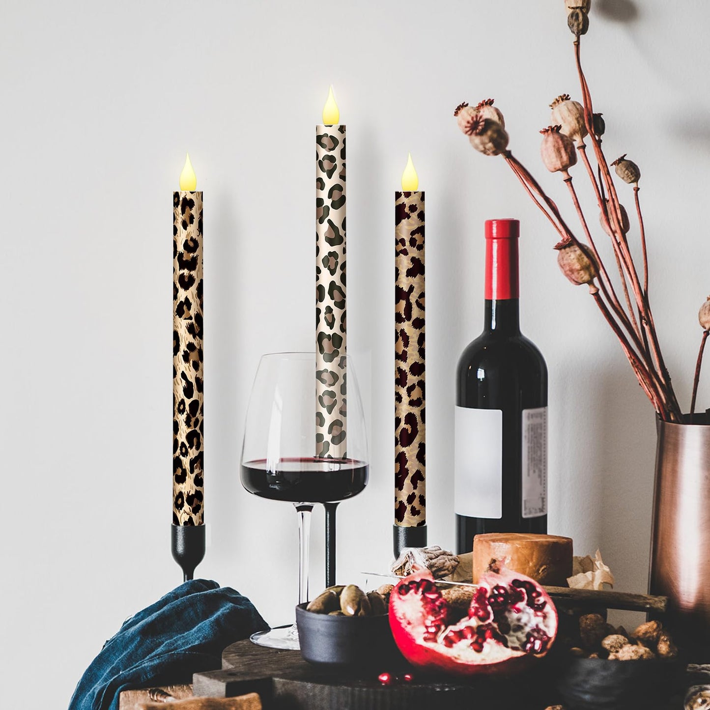 Honoson 6 Pcs Leopard Flameless Taper Candles 10.6 Inch Wild Safari Cheetah Print Candles Battery Operated LED Candlesticks for Animal Theme Jungle Birthday Party Summer Table Home Bathroom Decor