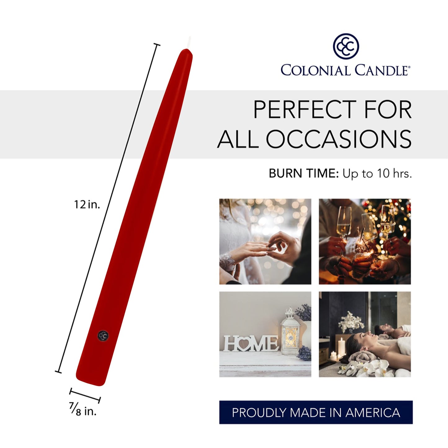 Colonial Candle Unscented Taper Candle, Handipt Collection, Red, 12 In, Pack of 12 - Up to 10 Hours Burn