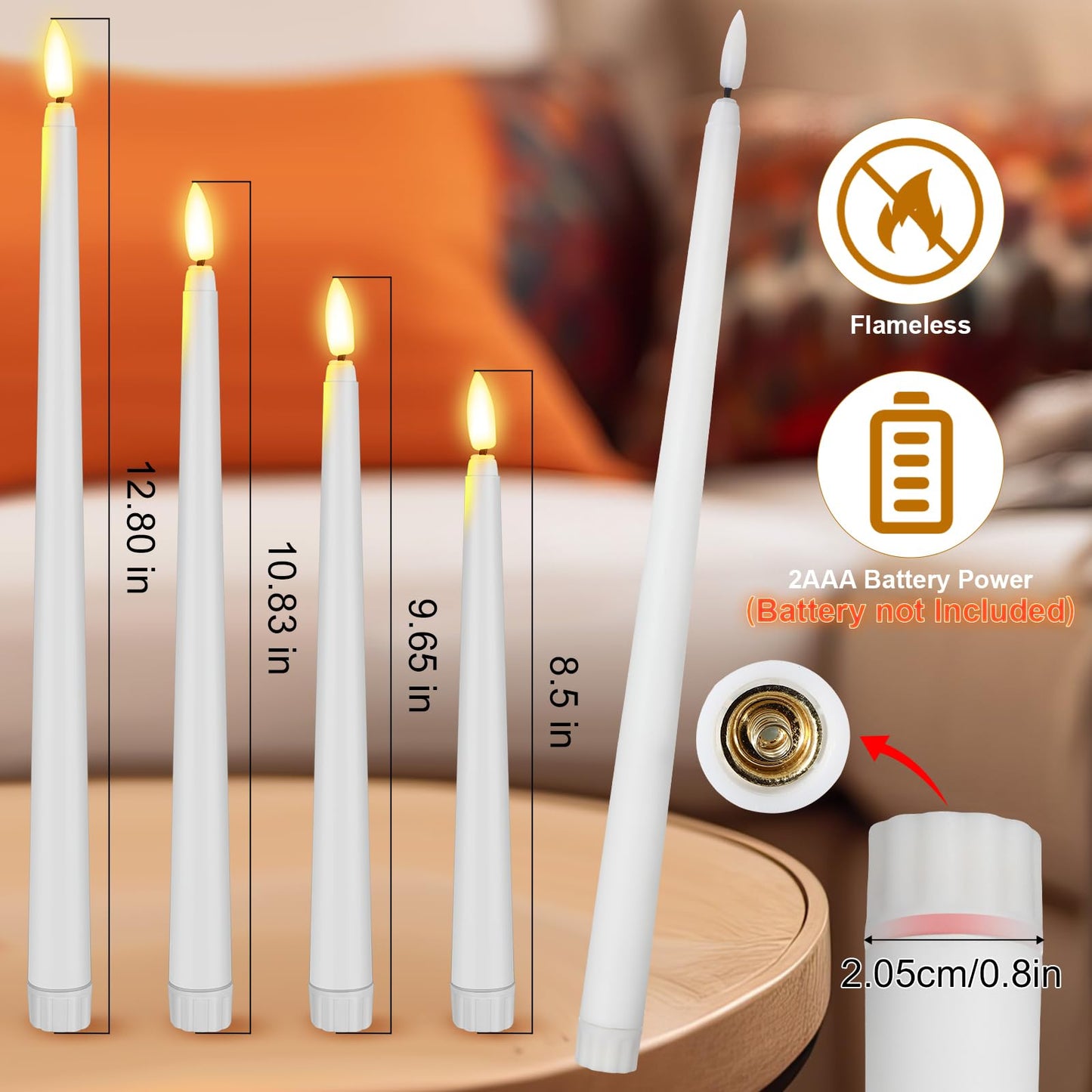 Rossesay 64 Pcs Wedding Flameless LED Taper Candles Battery Operated Candles 4 Sizes of 8.5'', 9.65'', 10.83'', 12.8'' Candlesticks Flickering for Halloween Christmas Church Wedding(White)