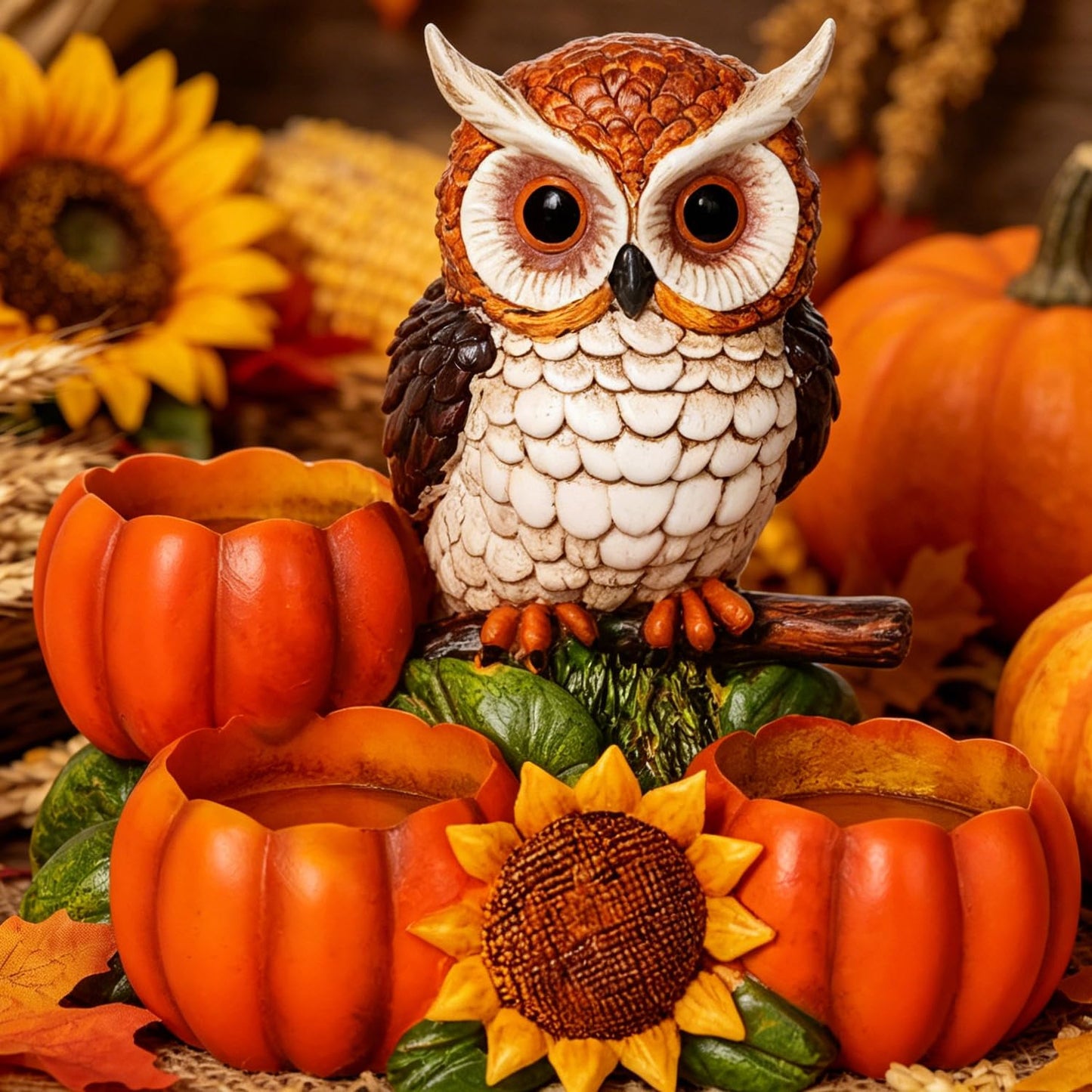 Fall Owl Candle Holder with 3 Pumpkin Tealight Holders & Sunflower, Rustic Owl Statue Thanksgiving Table Centerpieces Autumn Decorative Candle Holders for Home, Farmhouse