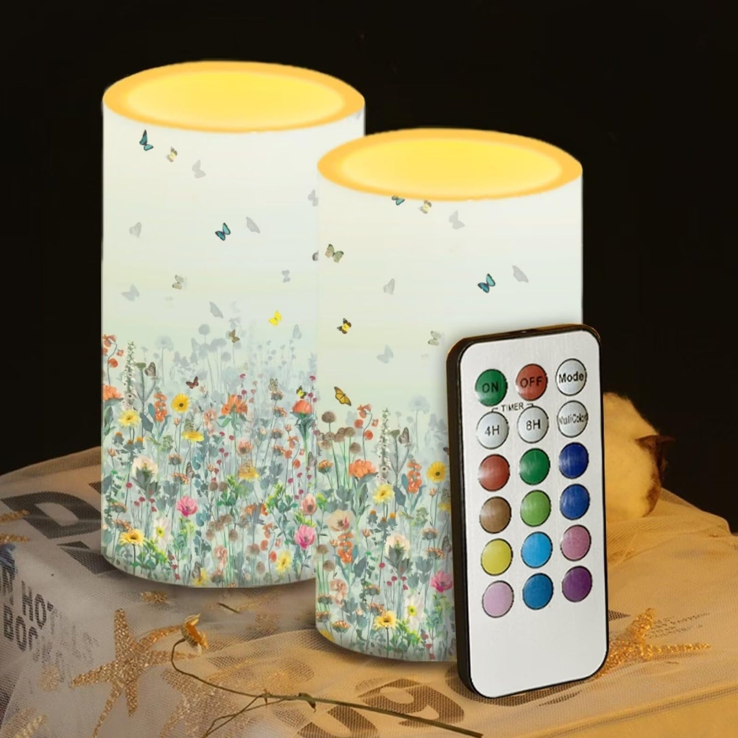 NETILGEN Flameless Candles LED Battery Operated Candles with Realistic Set of 2 with 18 Key Remote Control Timer Dancing Flame Pillar Candles for Home Farmhouse, Flower Butterfly Blue