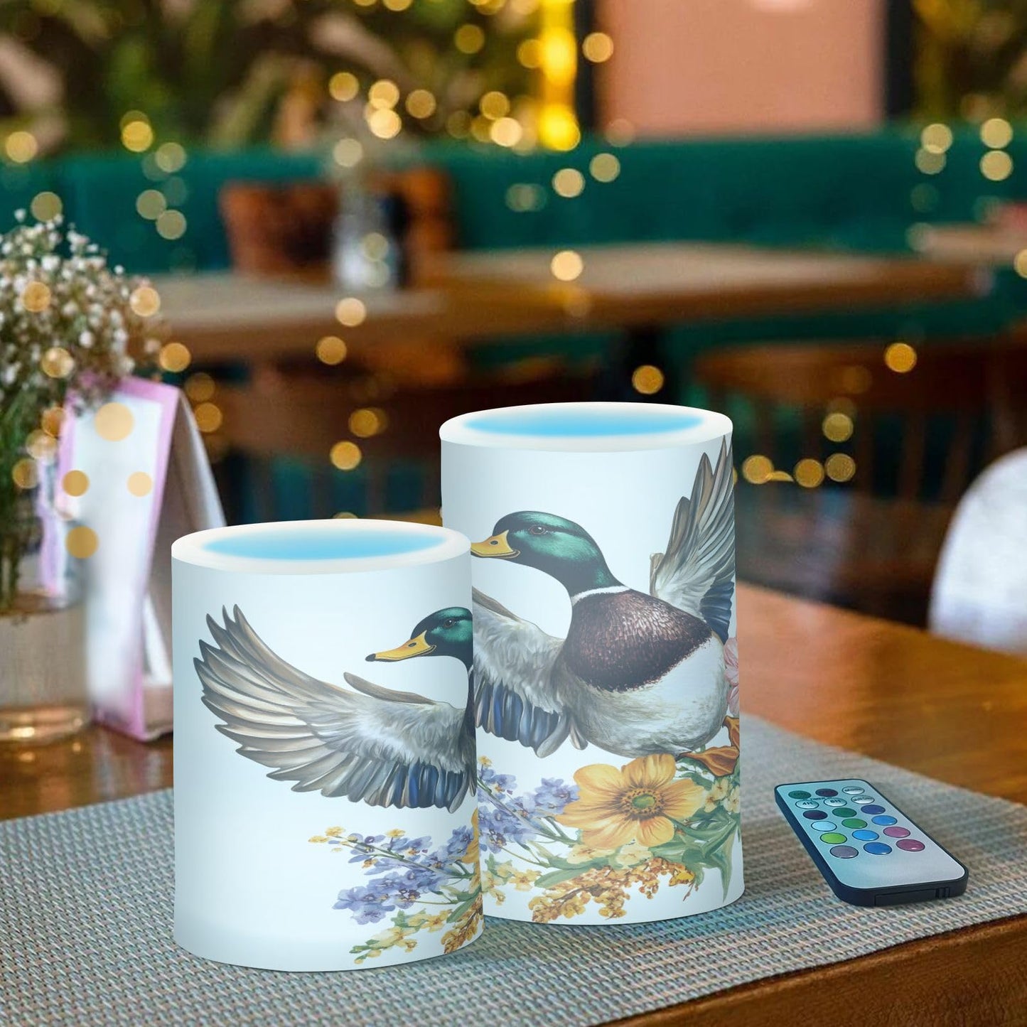 ALAZA Flickering Flameless Candles Mallard Duck Sunflowers Battery Operated Candles with Remote Timer LED Pillar Votive Candles Set of 2 for Holiday Decor