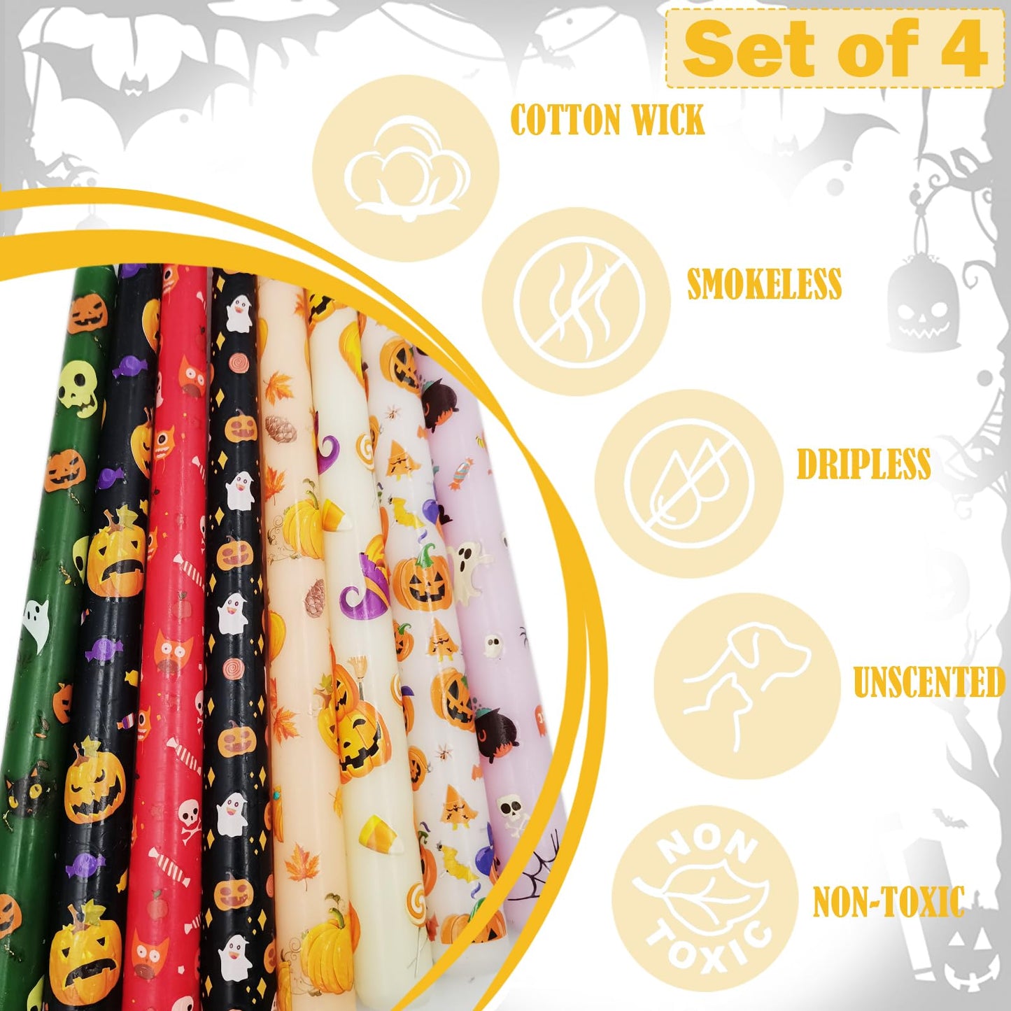 FYBW 10-Inch Halloween Taper Candle Set of 4,Pumpkin Skeleton & Bat Prints, Spider Web Spooky Dinner Candles, Gift for Festive Halloween Day Decoration