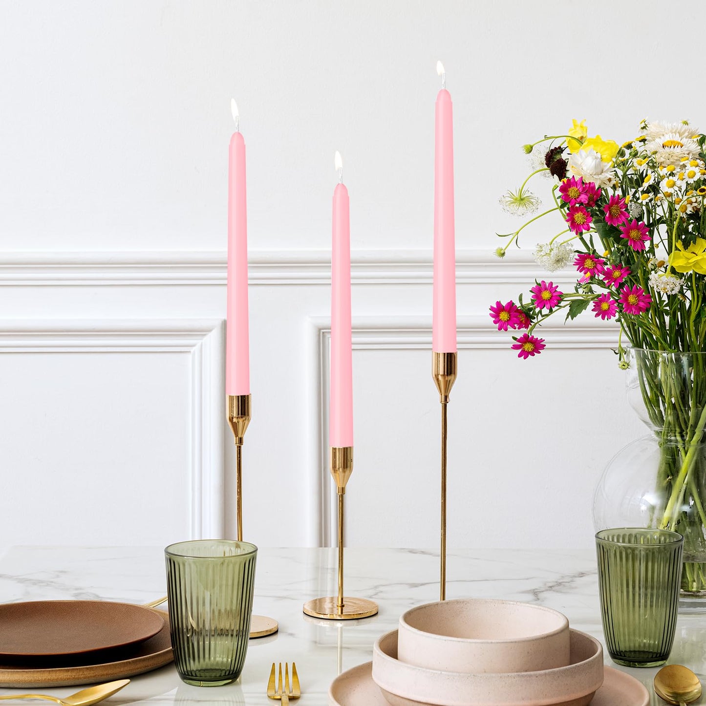 LYOBATH 12 Pack Pink Taper Candles - Taper Candles 10 Inch Dripless, Smokeless & Unscented - 8 Hours Long Burning - Ideal for Weddings, Dinner Parties, and Home Decor