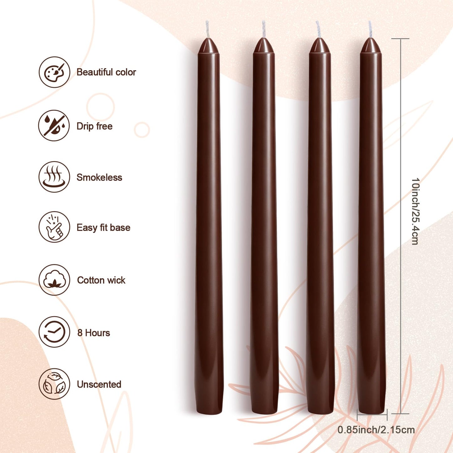 Everymoment Mocha Brown Taper Candles - 12 Pack 10 Inch Unscented Dripless & Smokeless Candlesticks - 8 Hours Tall Candle Sticks - Perfect for Wedding Romantic Dinner Holiday Party Home Decor