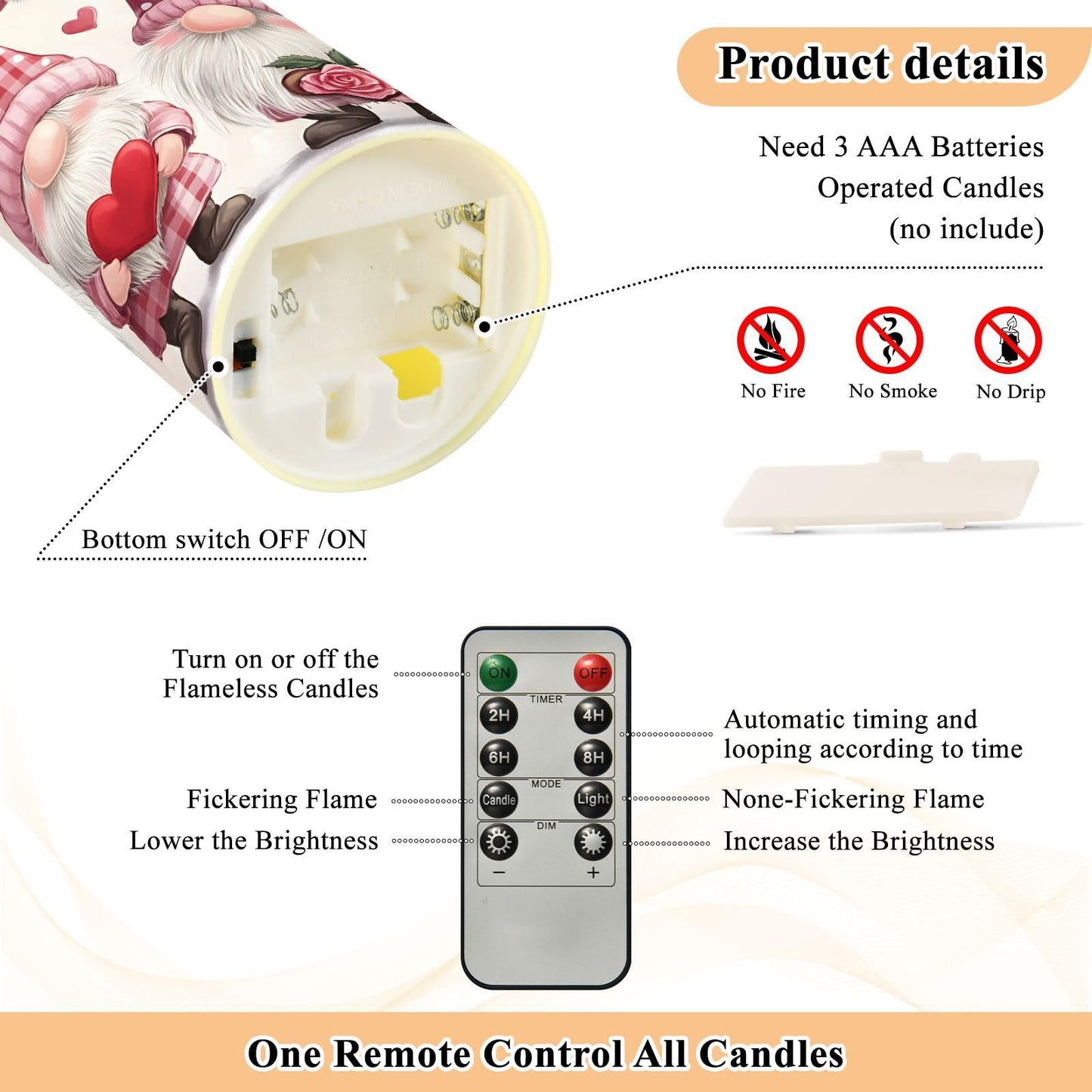 Valentines Day Gnome Pink Rose Flowers Hearts Flameless Candles with Remote Timer,LED Flickering Battery Operated Electric Pillar Tea Light Candles for Wedding Table Christmas Decorations 3" x5.9"