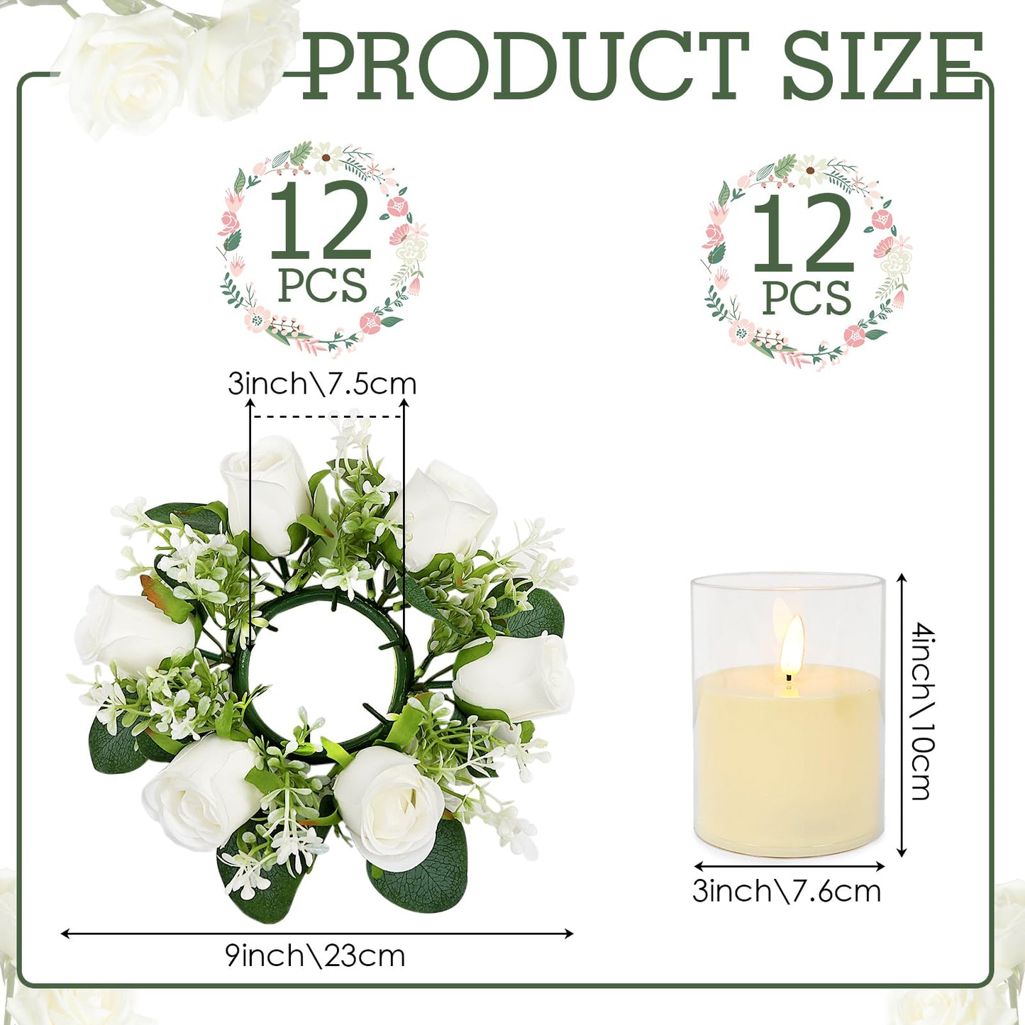 Acmee White Rose Candle Rings with Flameless Candles Sets - 24PCS Artificial Flower Eucalyptus Wedding Centerpiece 3 Inch Pillar Candleholders Wreaths for Wedding Party Decor (White - 12 Sets)
