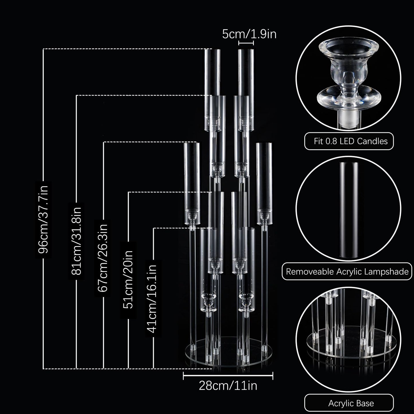 4 Sets 10 Arms Acrylic Candelabra Wedding Centerpiece,33.7Inches Floor Clear Candlesticks Holder with Acrylic Shade for Baby Shower Event Dinner Party Decoration(Fit 0.8Led Candles)