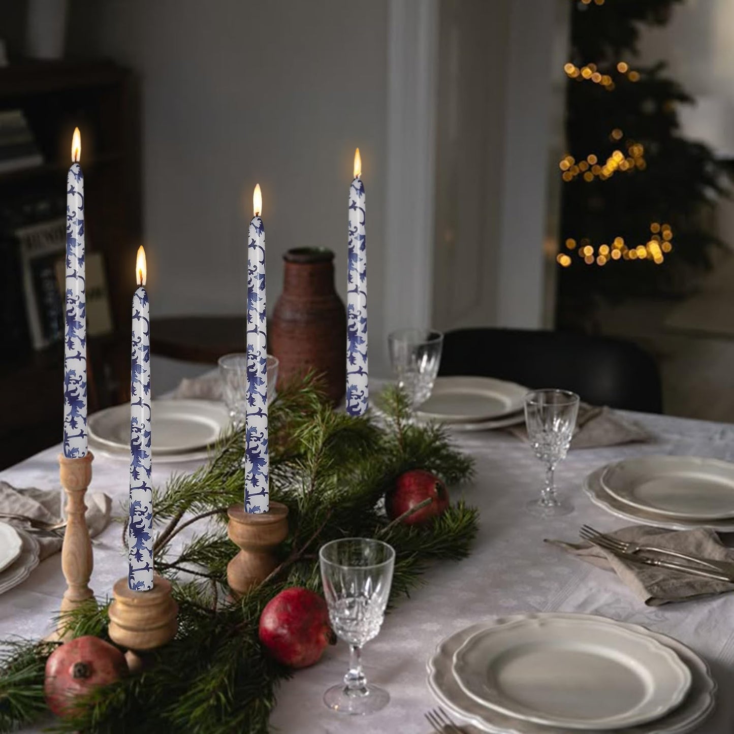 Unscented Floral Taper Candle Spiral Candlesticks - Set of 4 Handmade Blue and White 10 Inch Long Candle Sticks Print Tapered Candles for Home Wedding Dinner Gifts