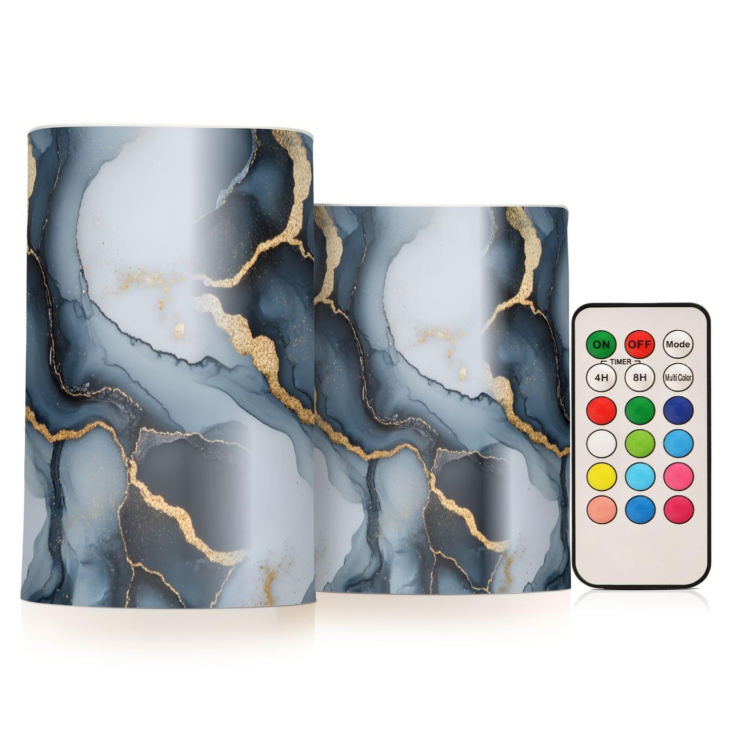 zyrtty 2 Pack Plastic Flameless Candles Blue Grey Gold Marble Pattern Ombre Battery Operated with Remote and Timer Real Wax LED Flickering Pillar Candles Set Window Christmas Holiday Decor